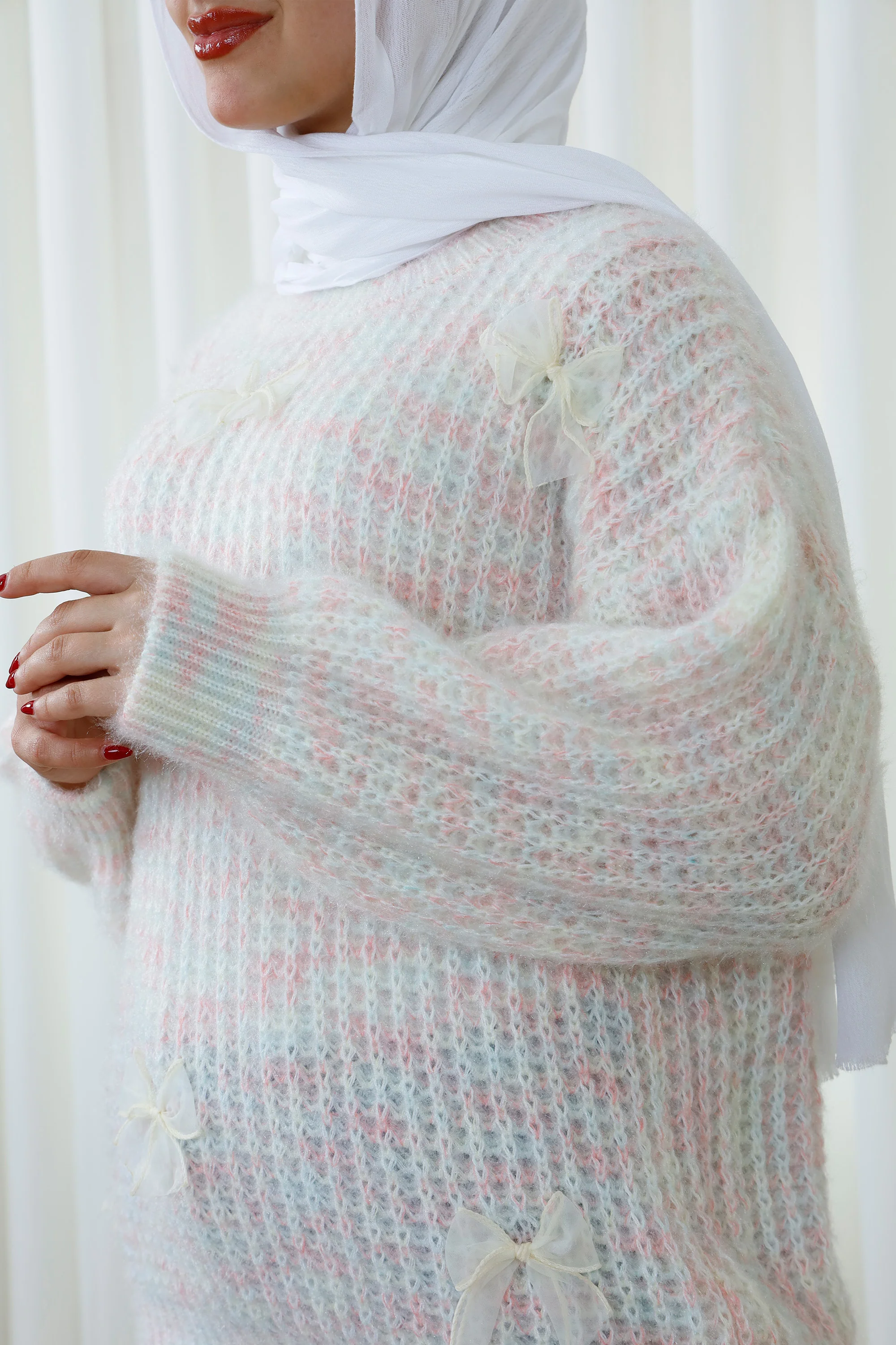 Textured Sweater with Sheer Bow Embellishments