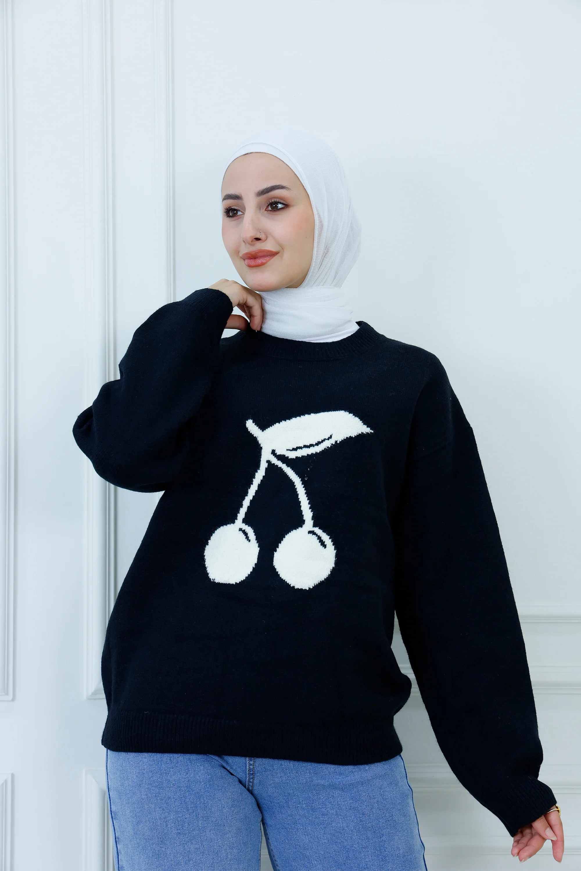 Oversized Knit Sweater with Contrast Cherry Motif