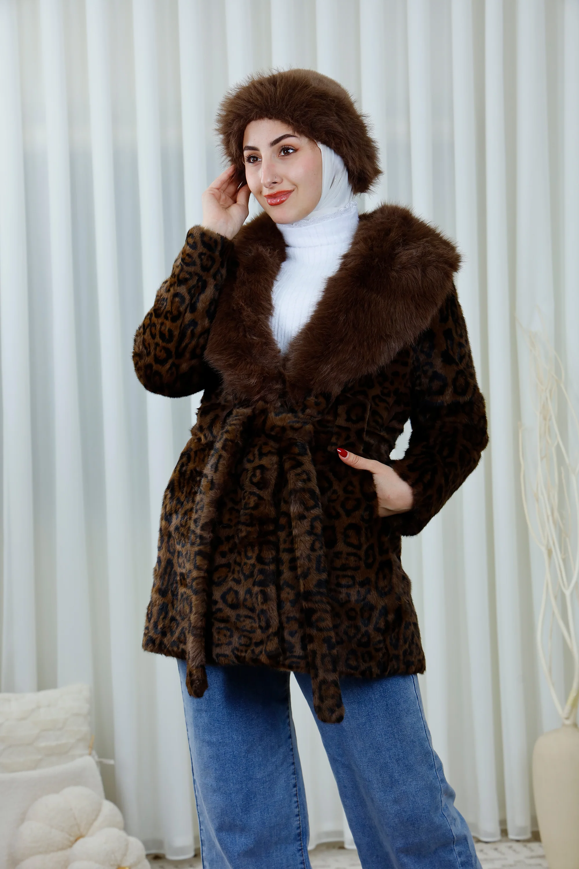Leopard Print Faux Fur Coat with Belt