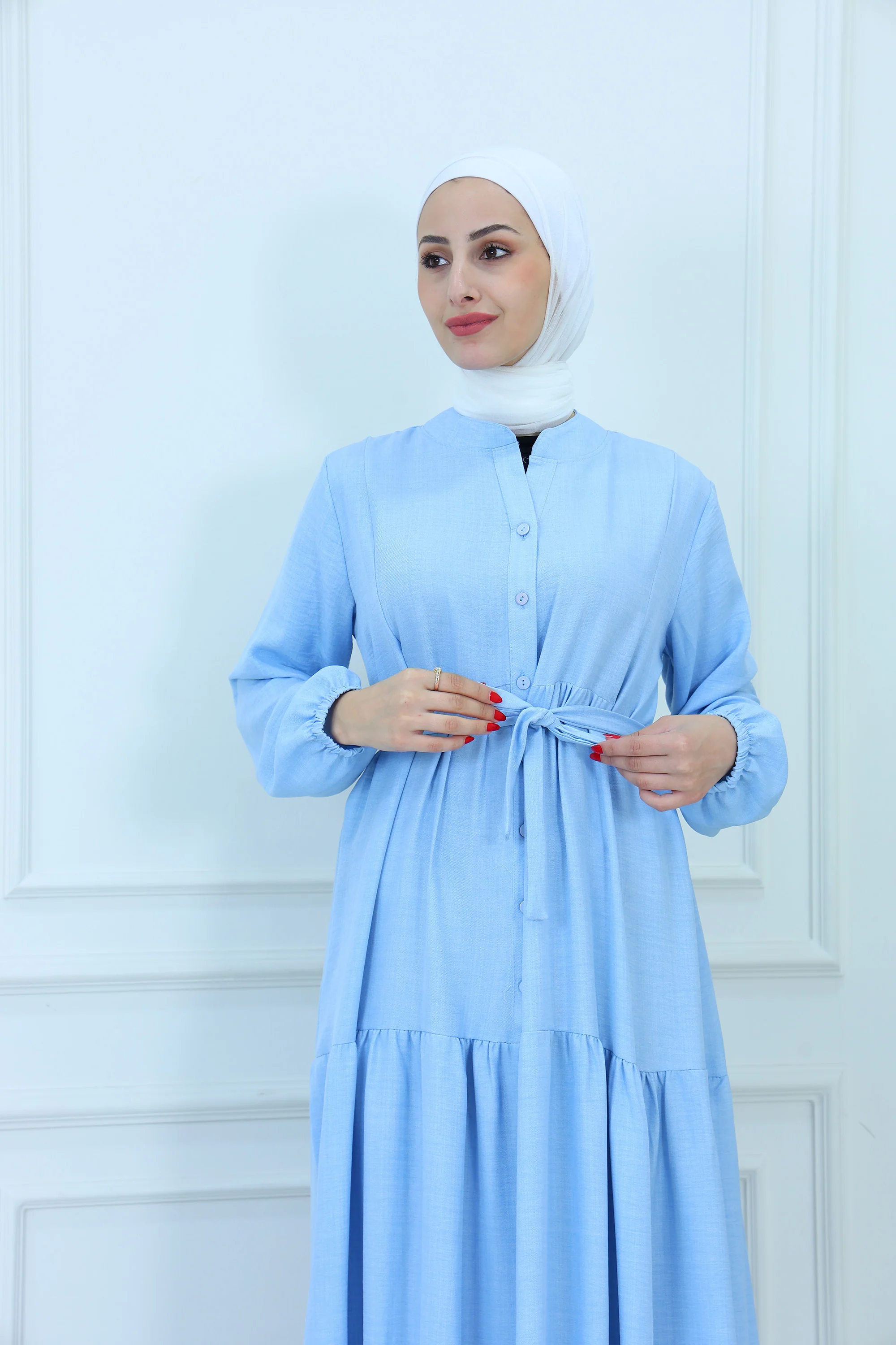 Elegant Layered Belted Maxi Dress with Partial Button Front