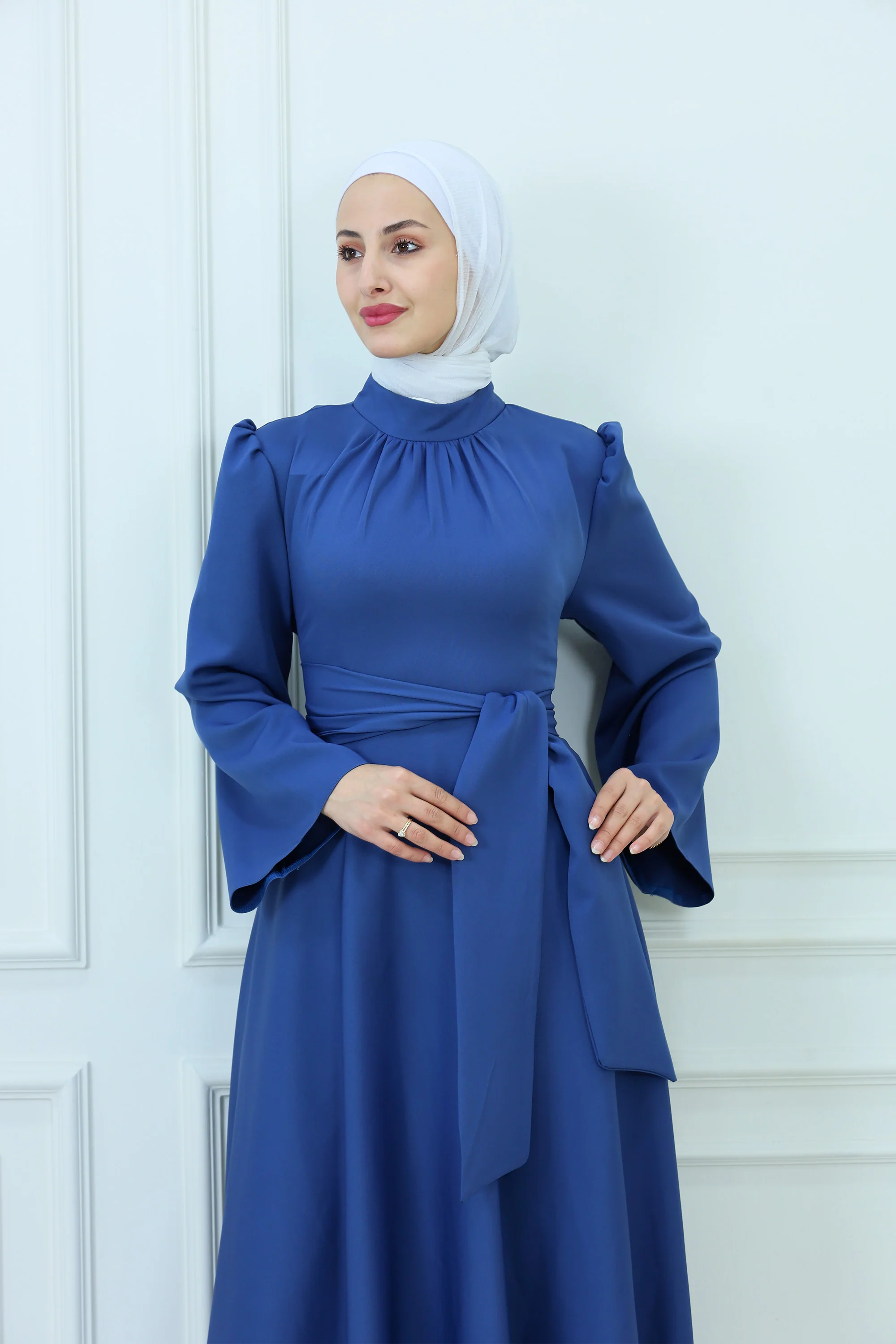 Belted Maxi Dress with High-Neck