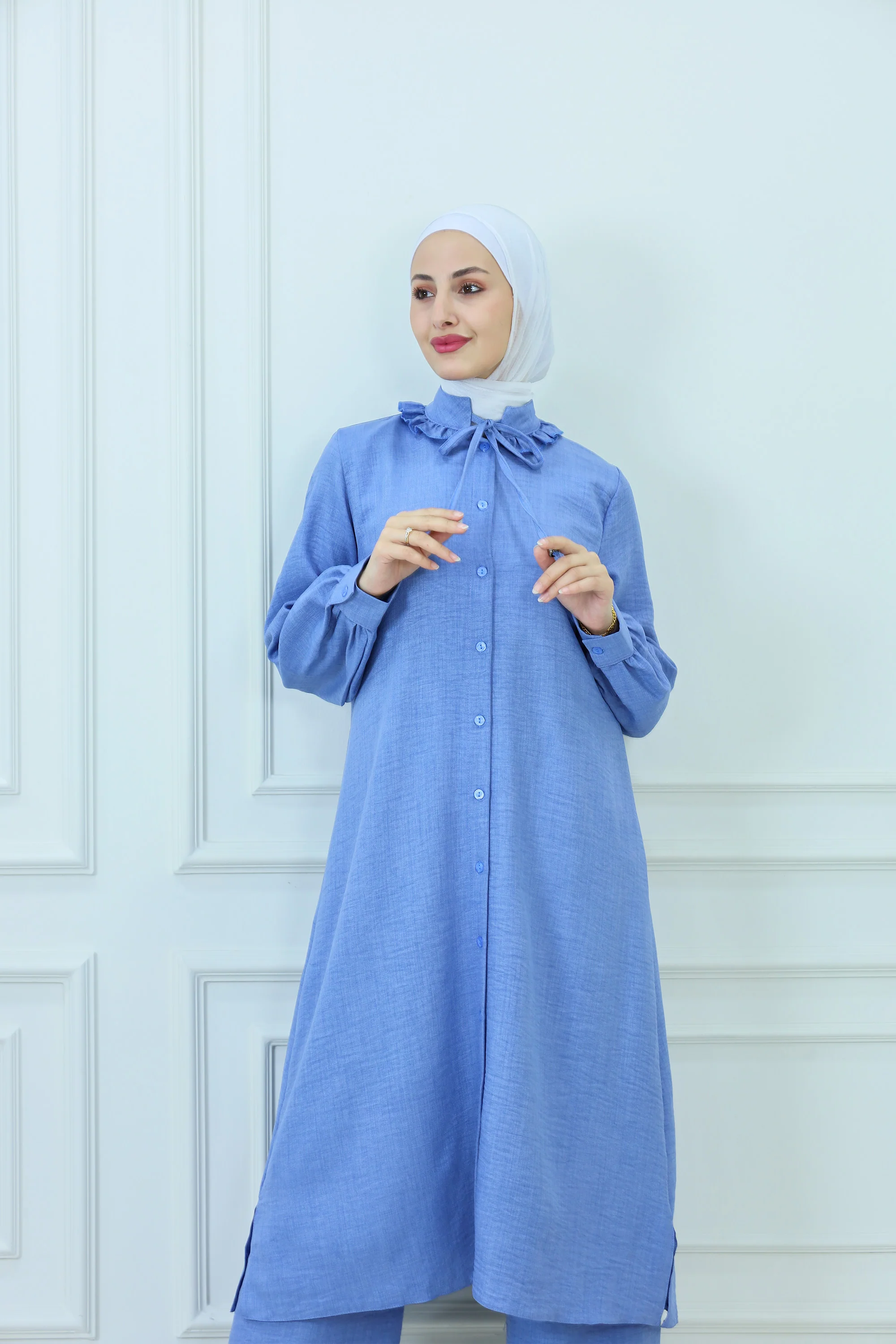 Ruffled-Collar Buttoned Modest Set