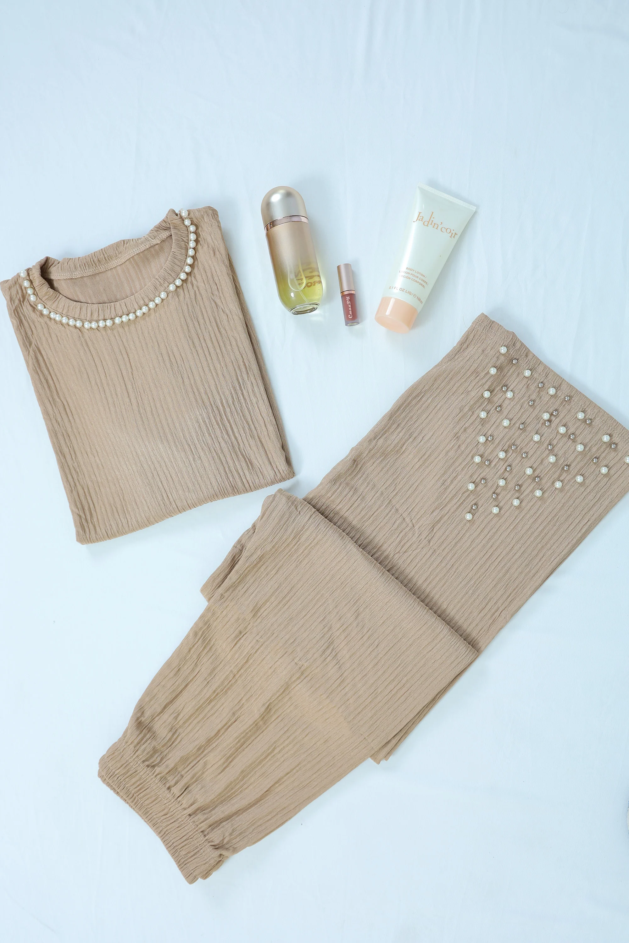 Pearl-Embellished Elegant Pajama Set