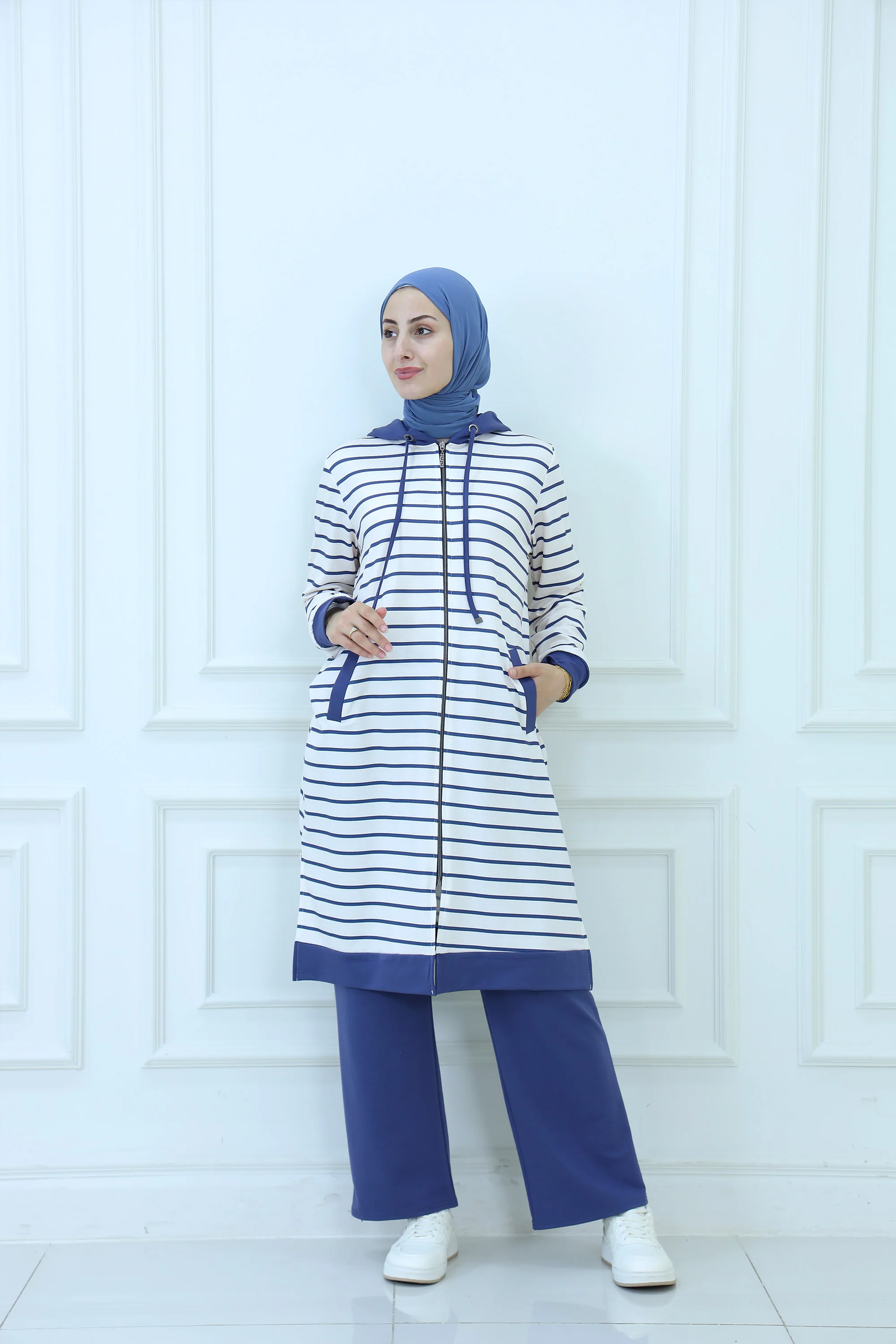 Women's Modest Striped Long Hoodie Set
