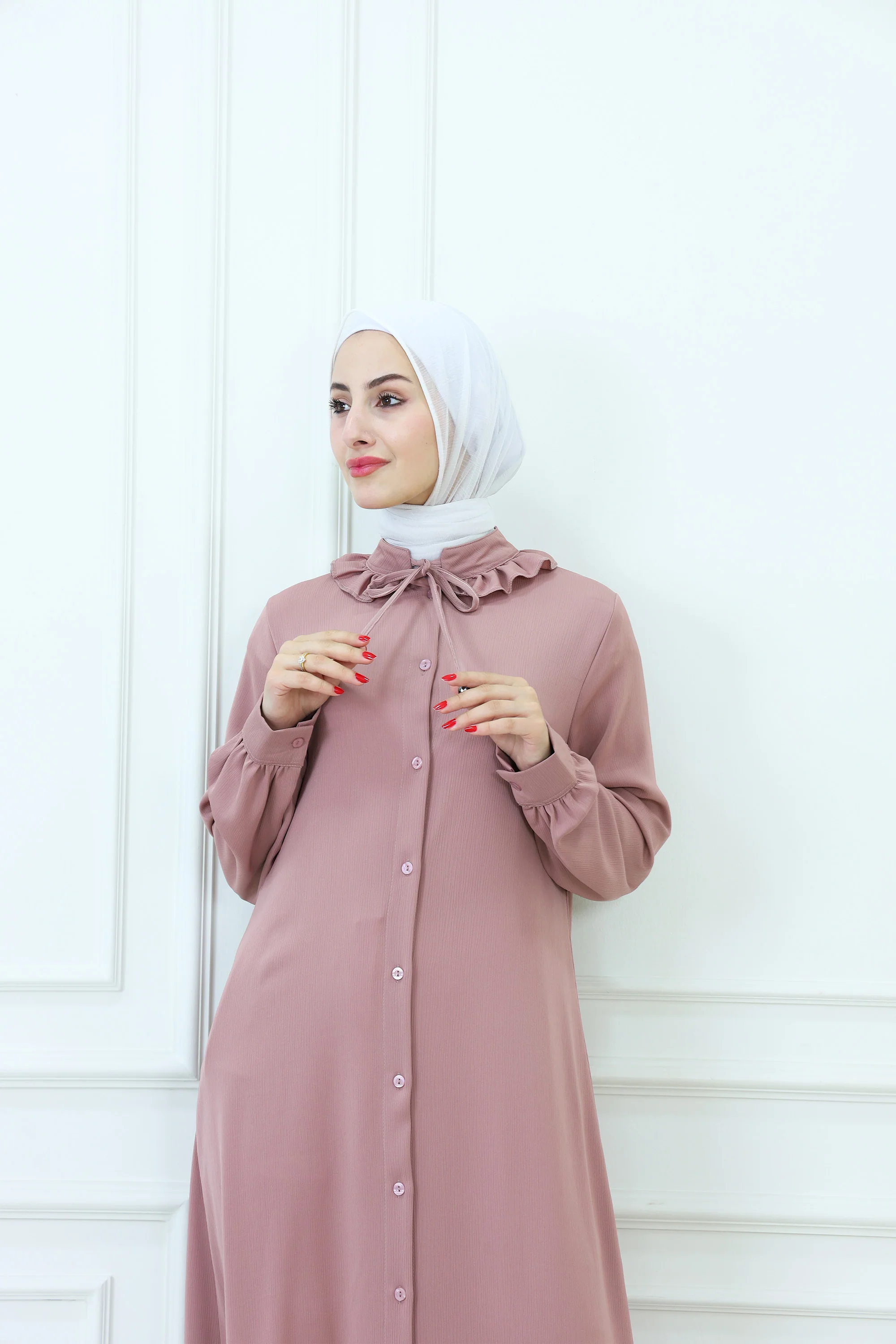 Elegant Ruffle-Collar Front Button Abaya