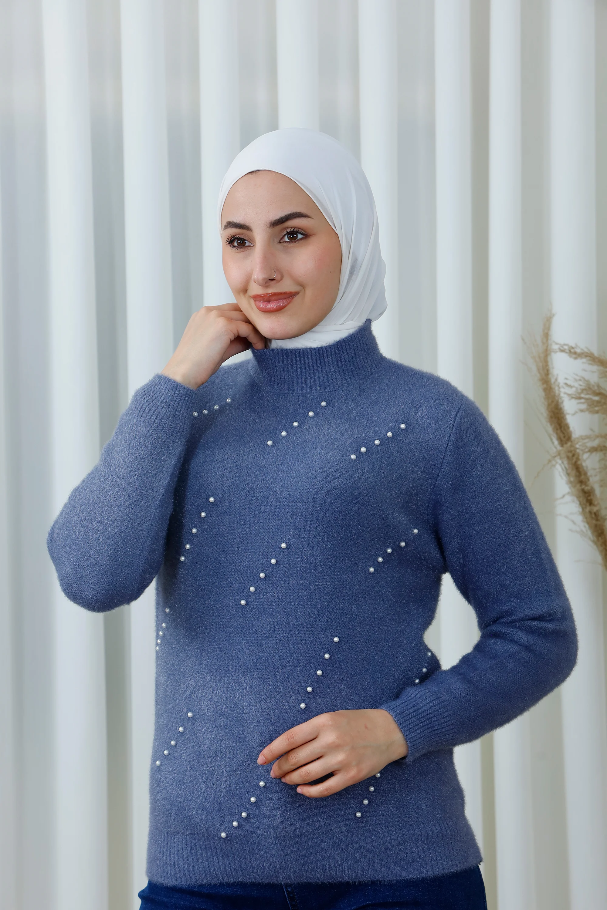 Pearl Detail High-Neck Knit Blouse