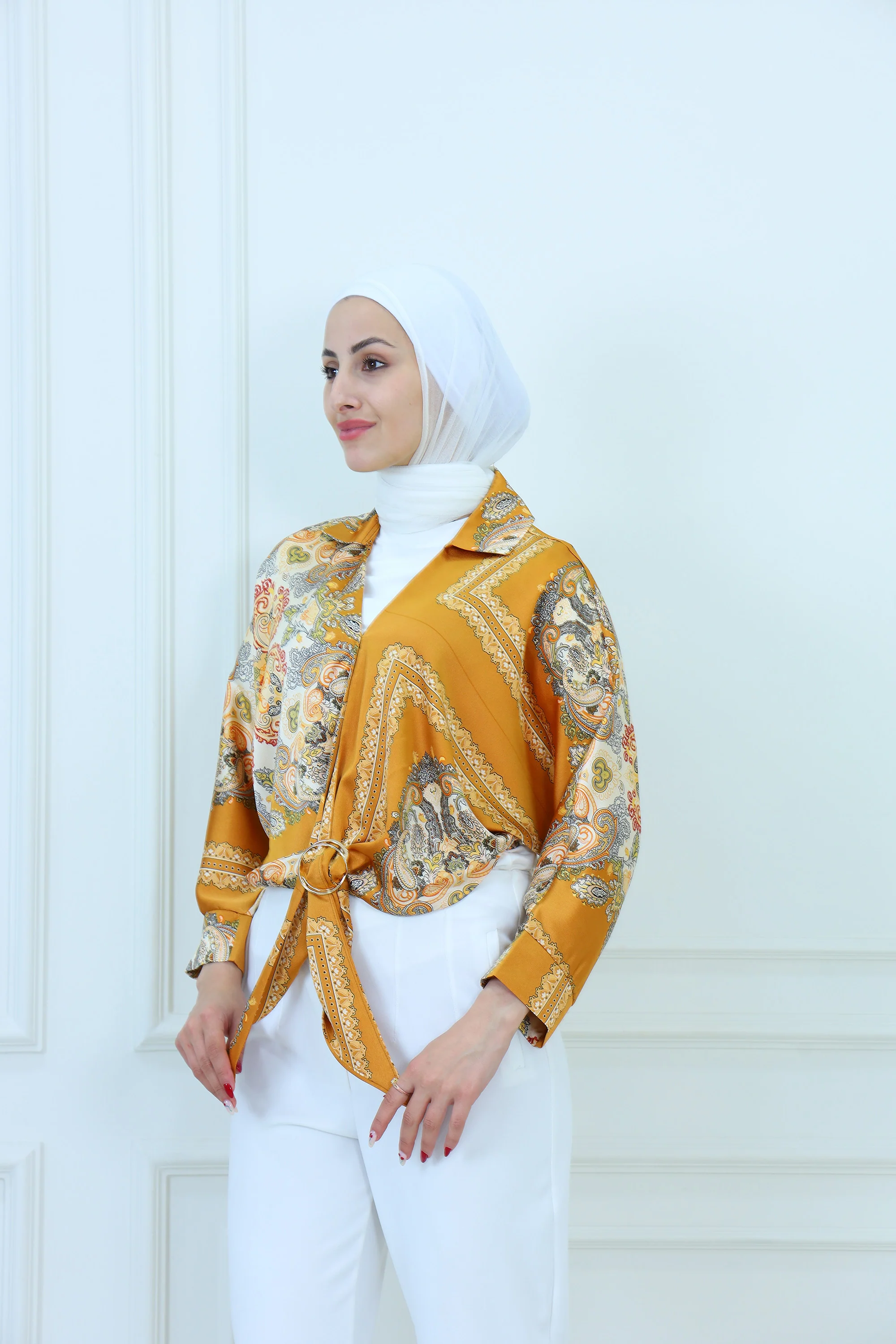 Patterned Tie-Front Blouse