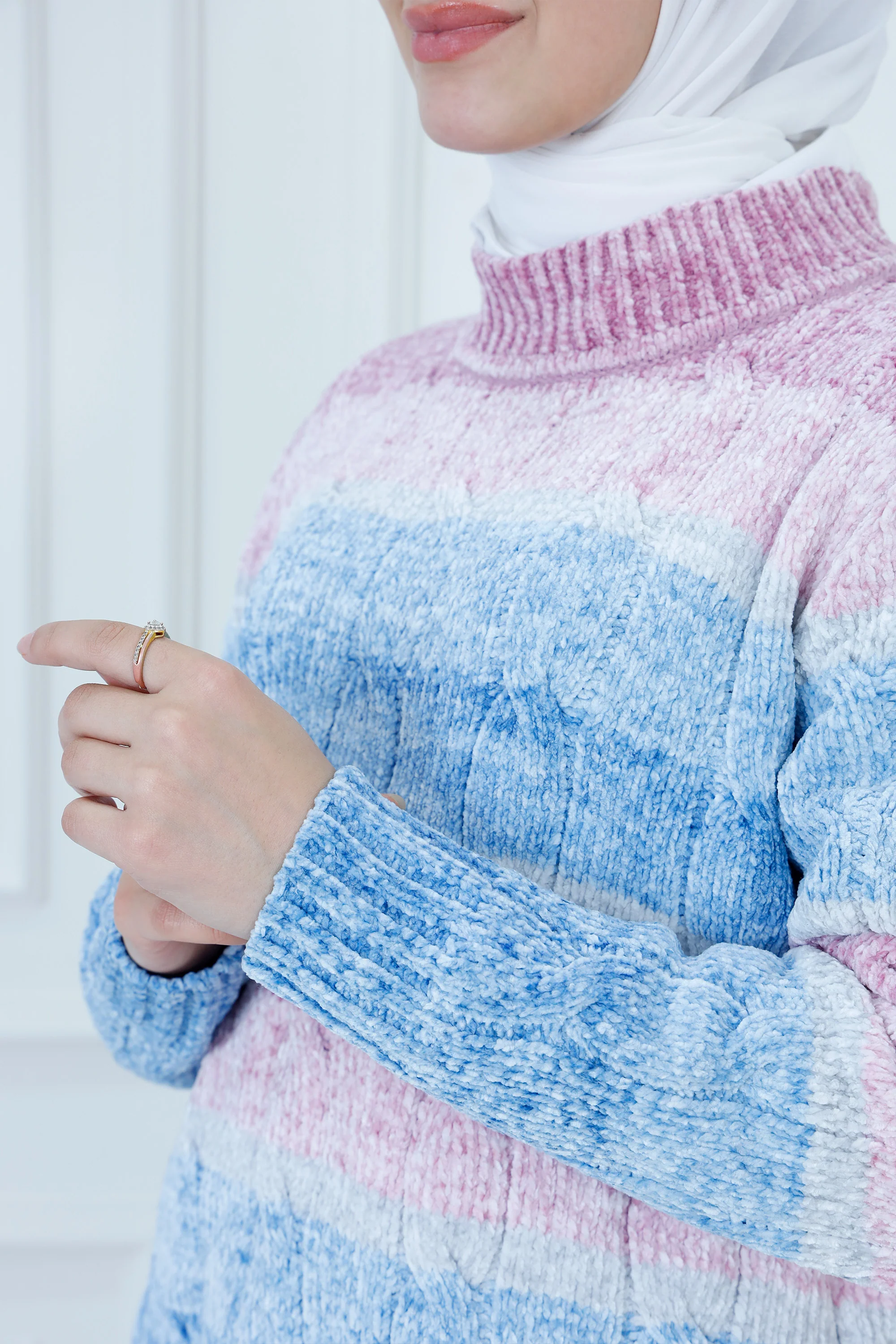 Chunky Stripe Knit High-Neck Sweater