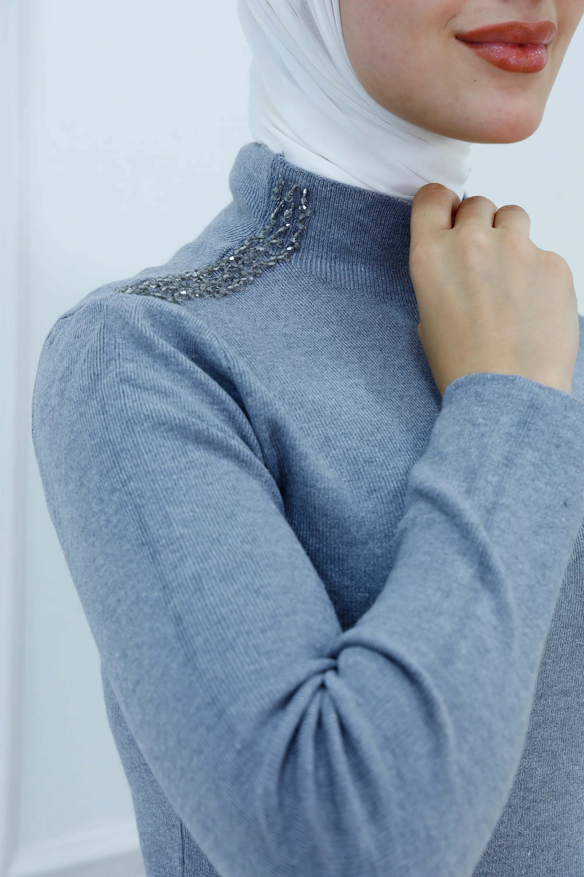 Beaded Shoulder High-Neck Sweater