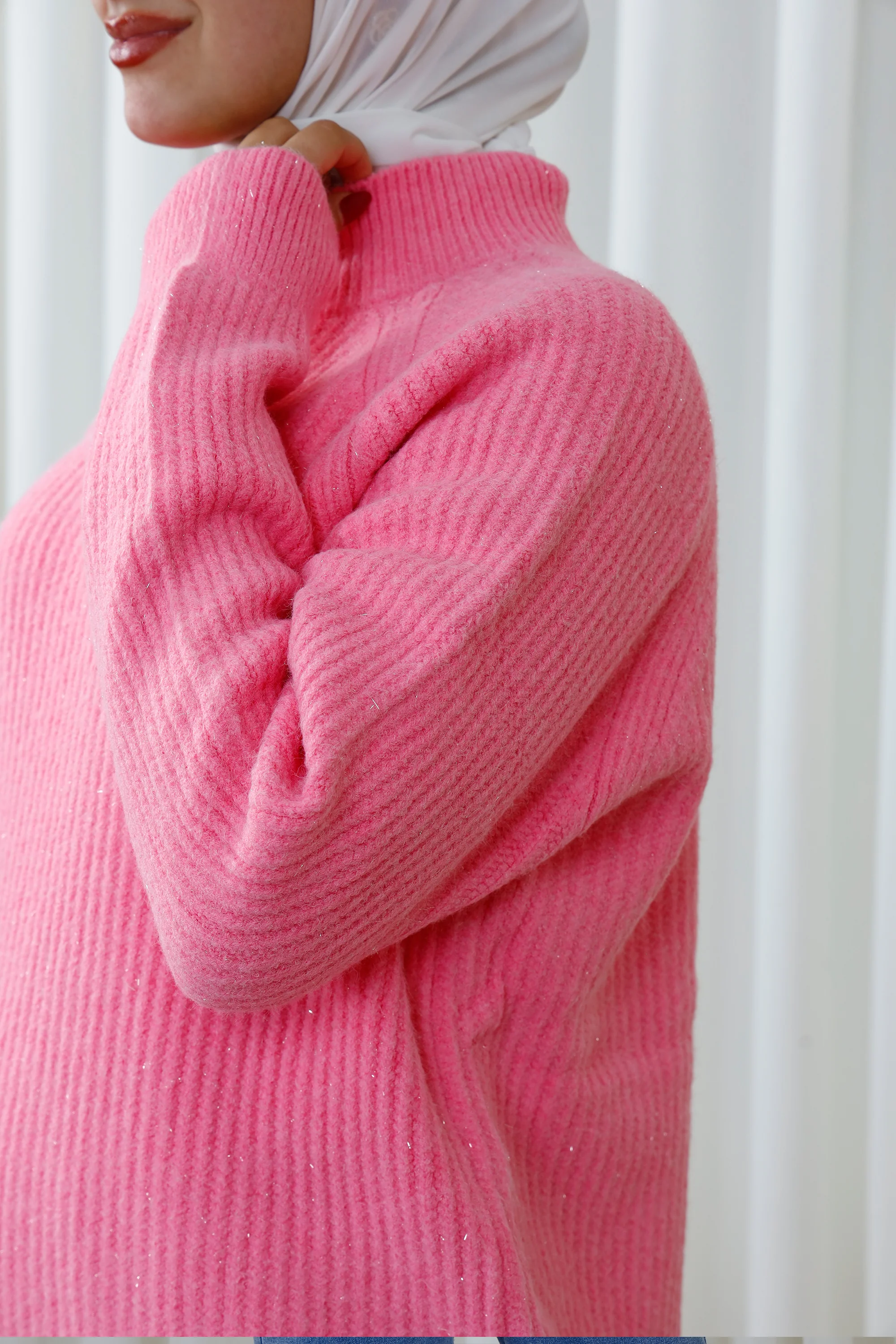 Ribbed Buttonless Sweater with High Neckline