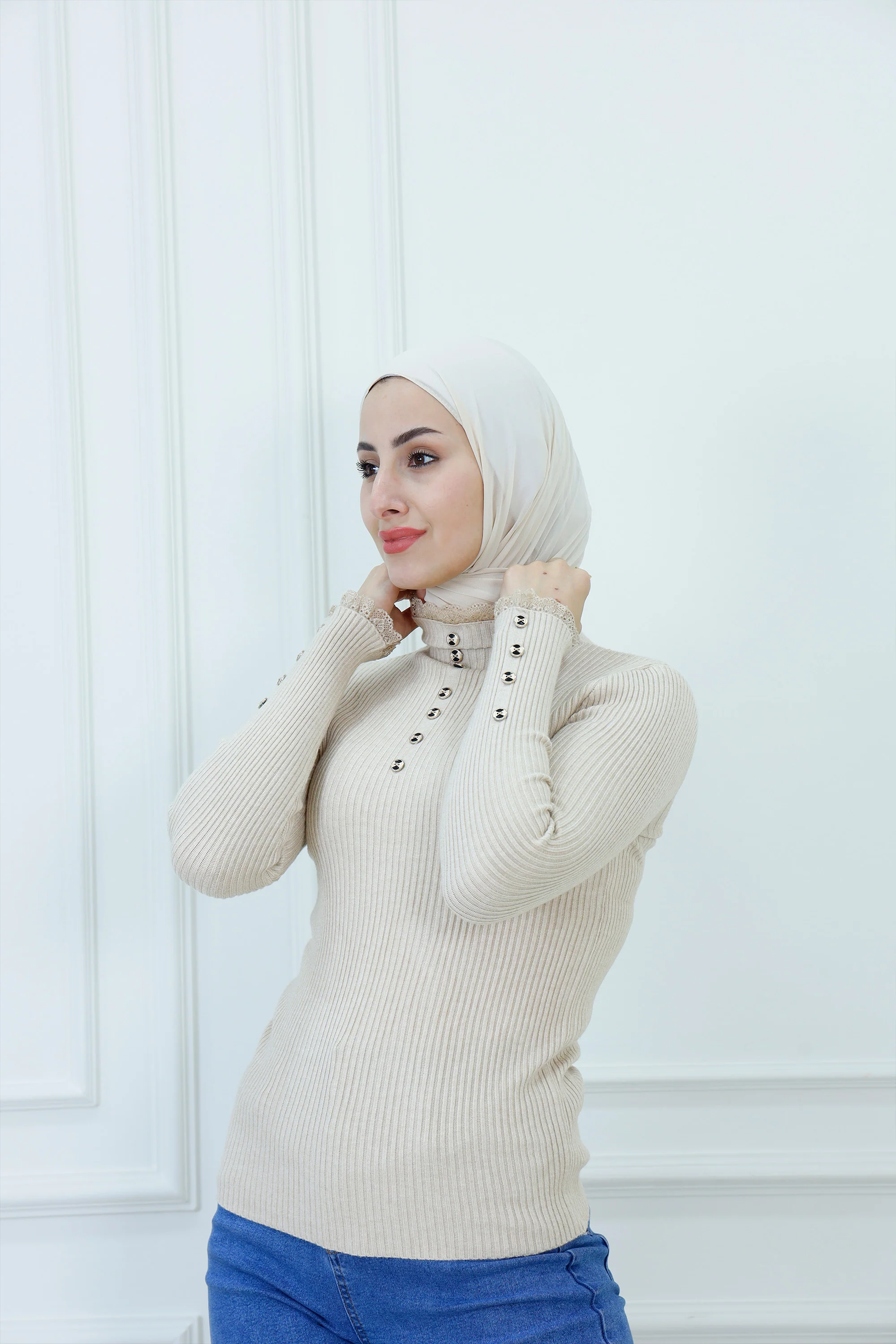 Chic Ribbed Knit High-Neck Blouse with Gold Buttons