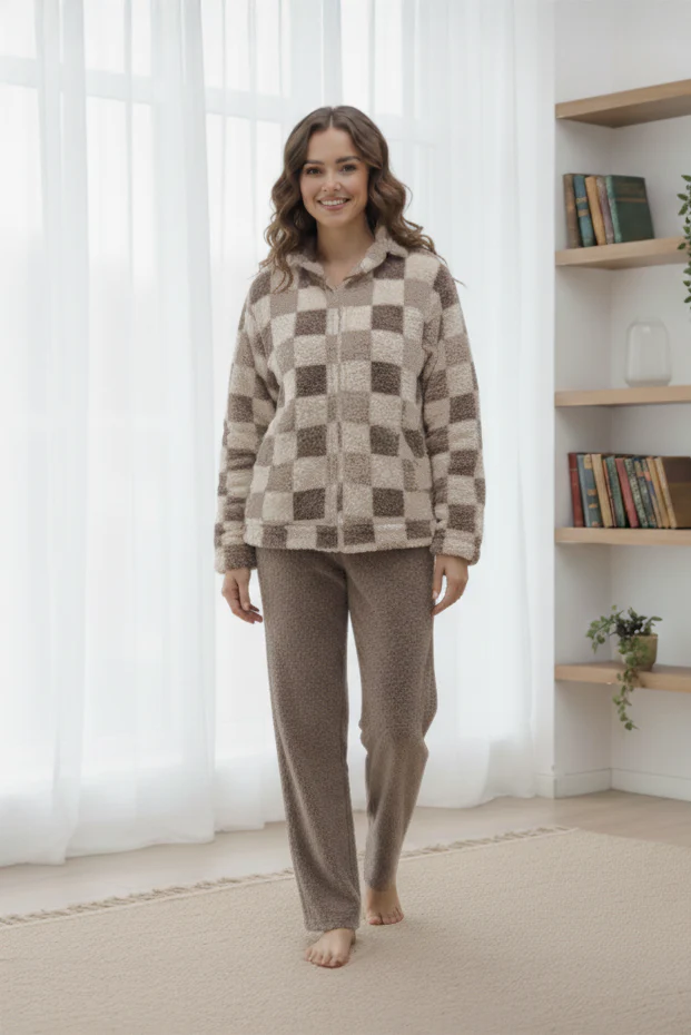 Checkered Zip-Up Plush Pajama