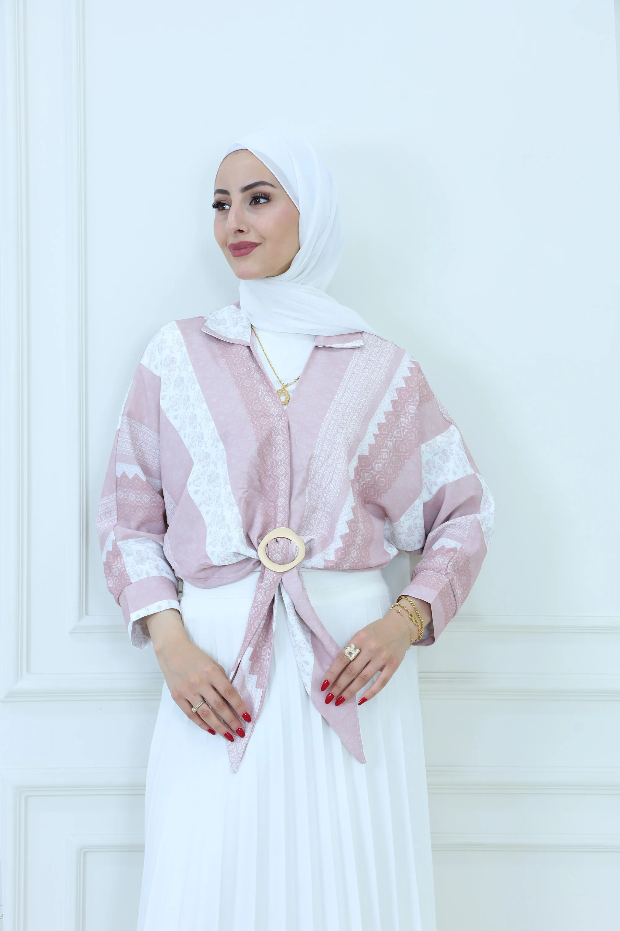 Patterned Tie-Front Blouse