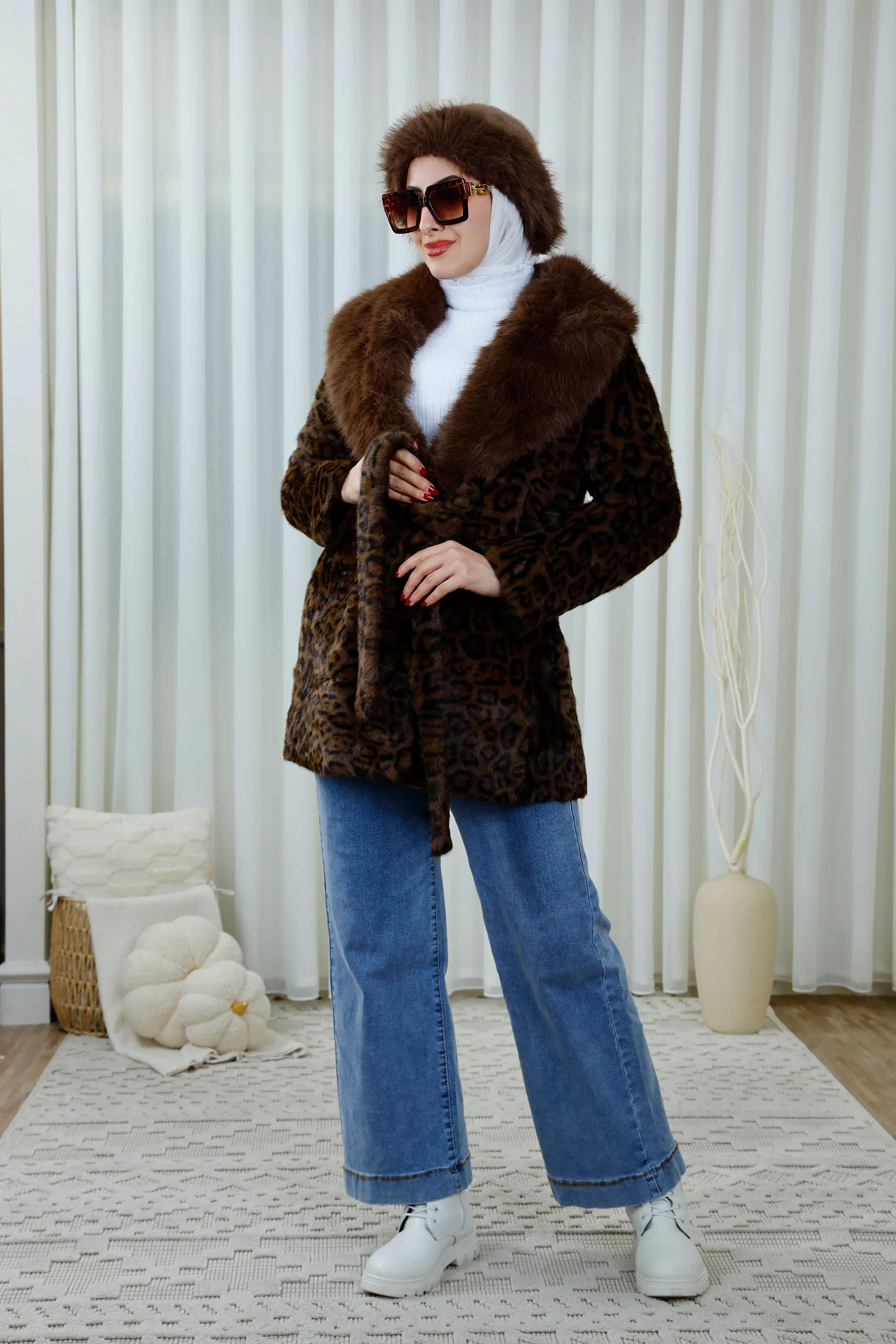 Leopard Print Faux Fur Coat with Belt