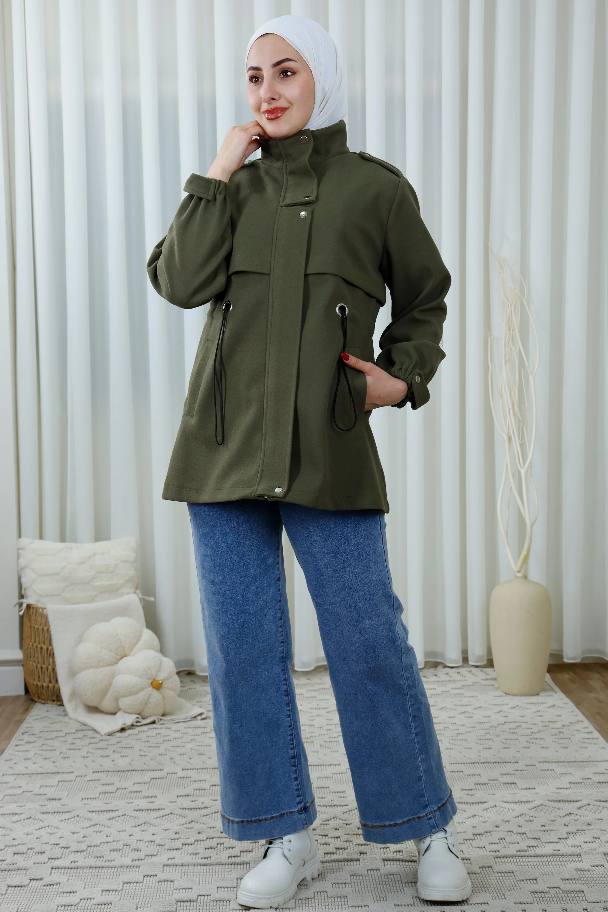 Broadcloth Drawstring Jacket with Button Details