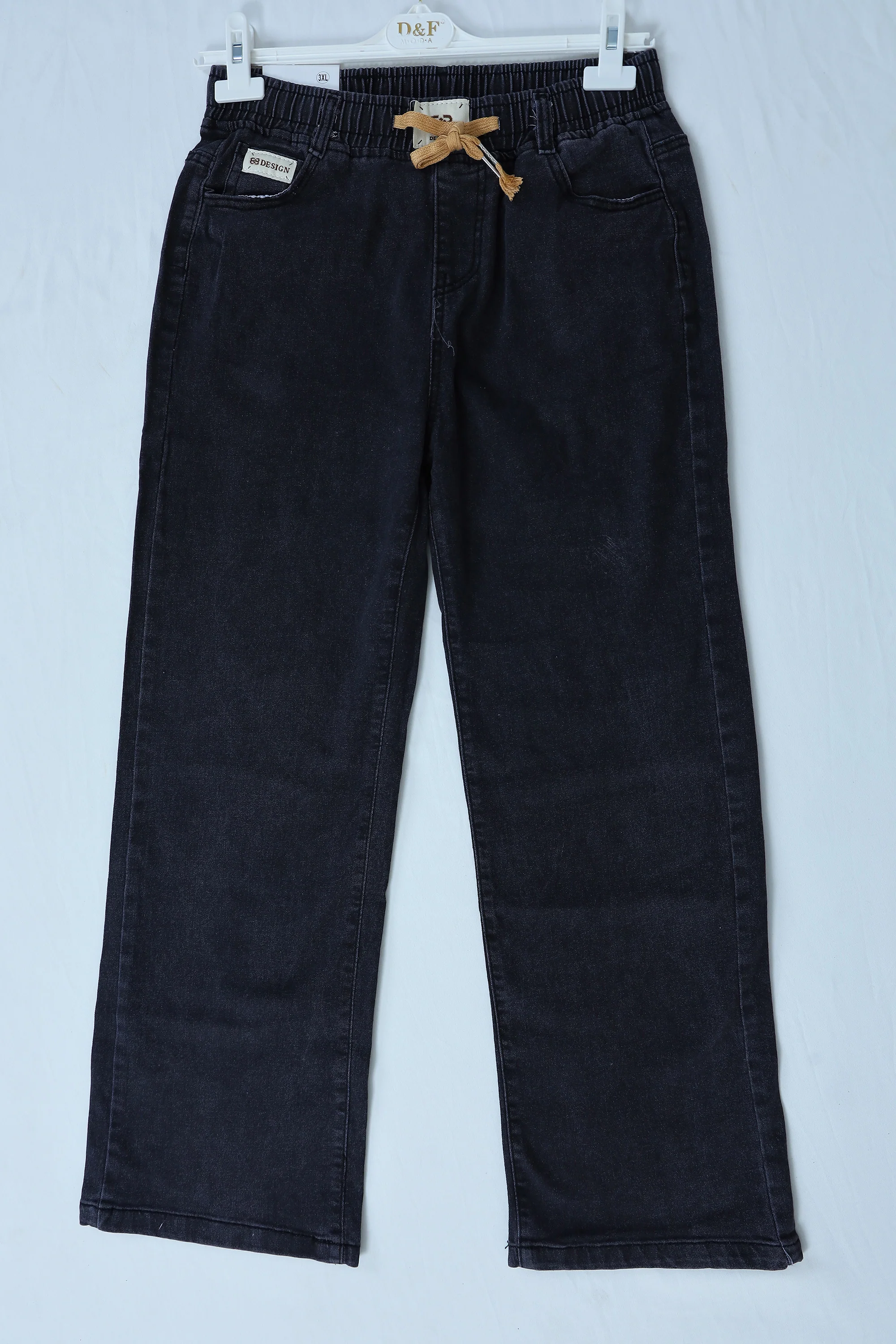 Elastic Waist Denim Jeans with Waist Tie