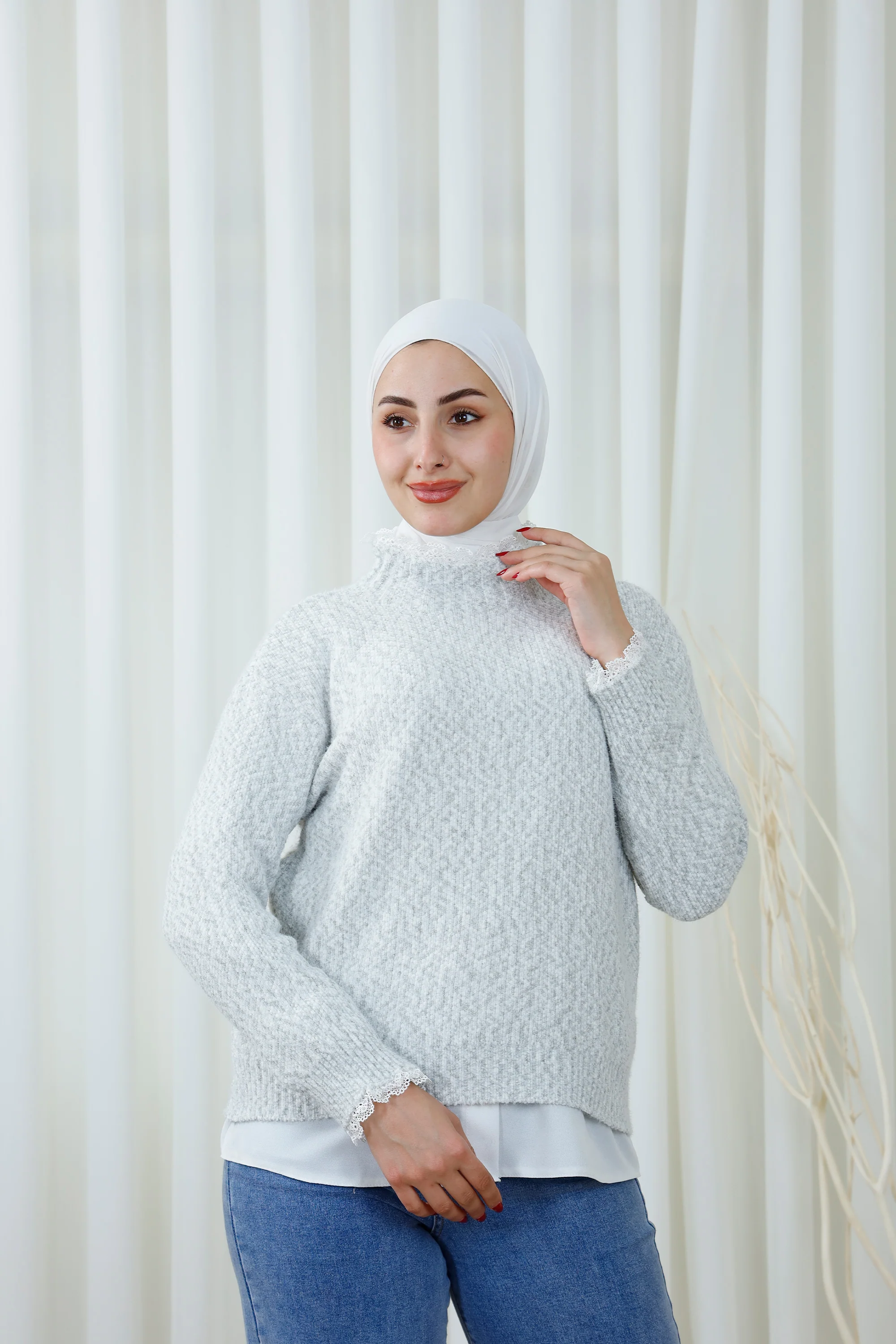 Textured High-Neck Sweater with Lace Trim