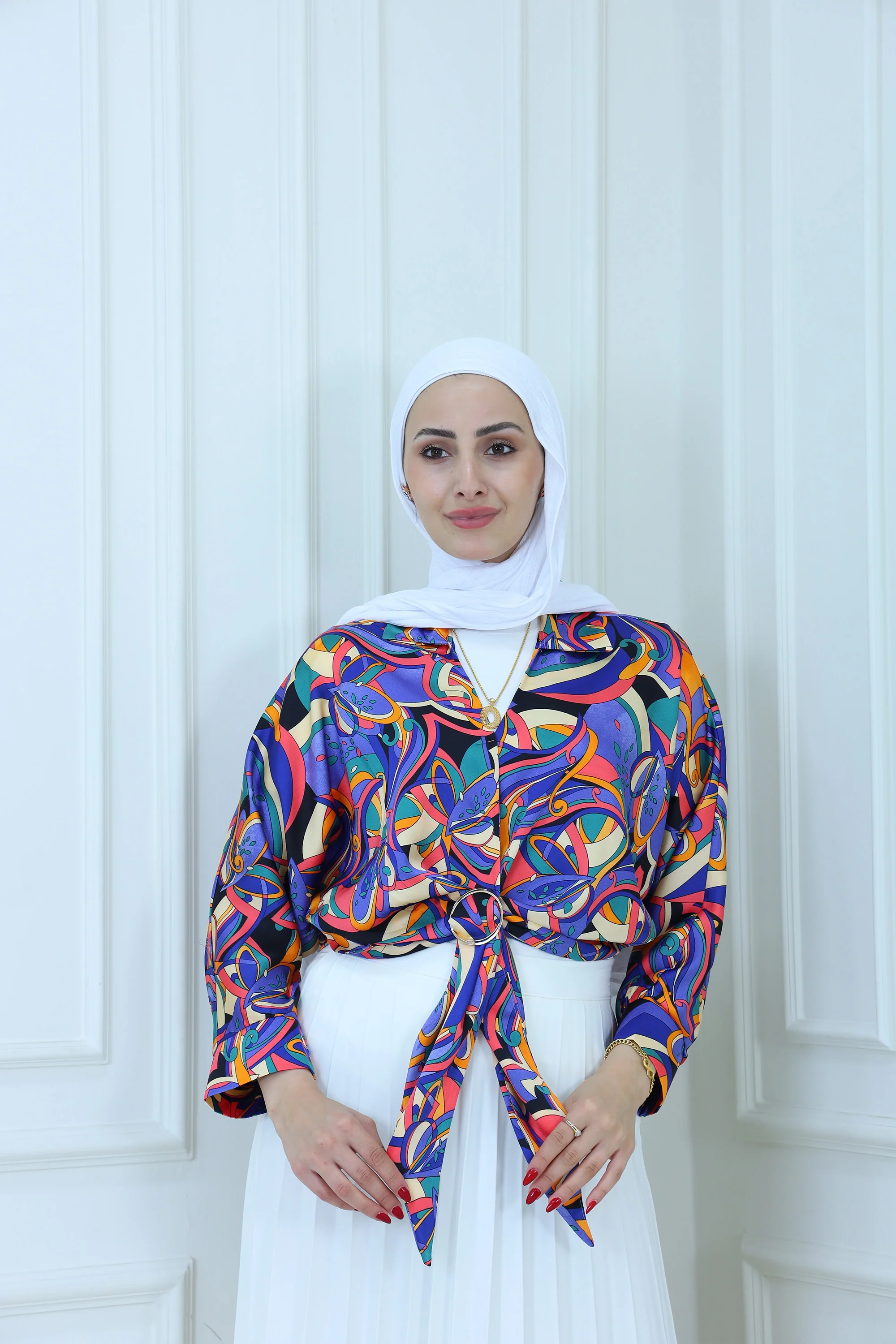 Colorful Print Blouse with Front Tie