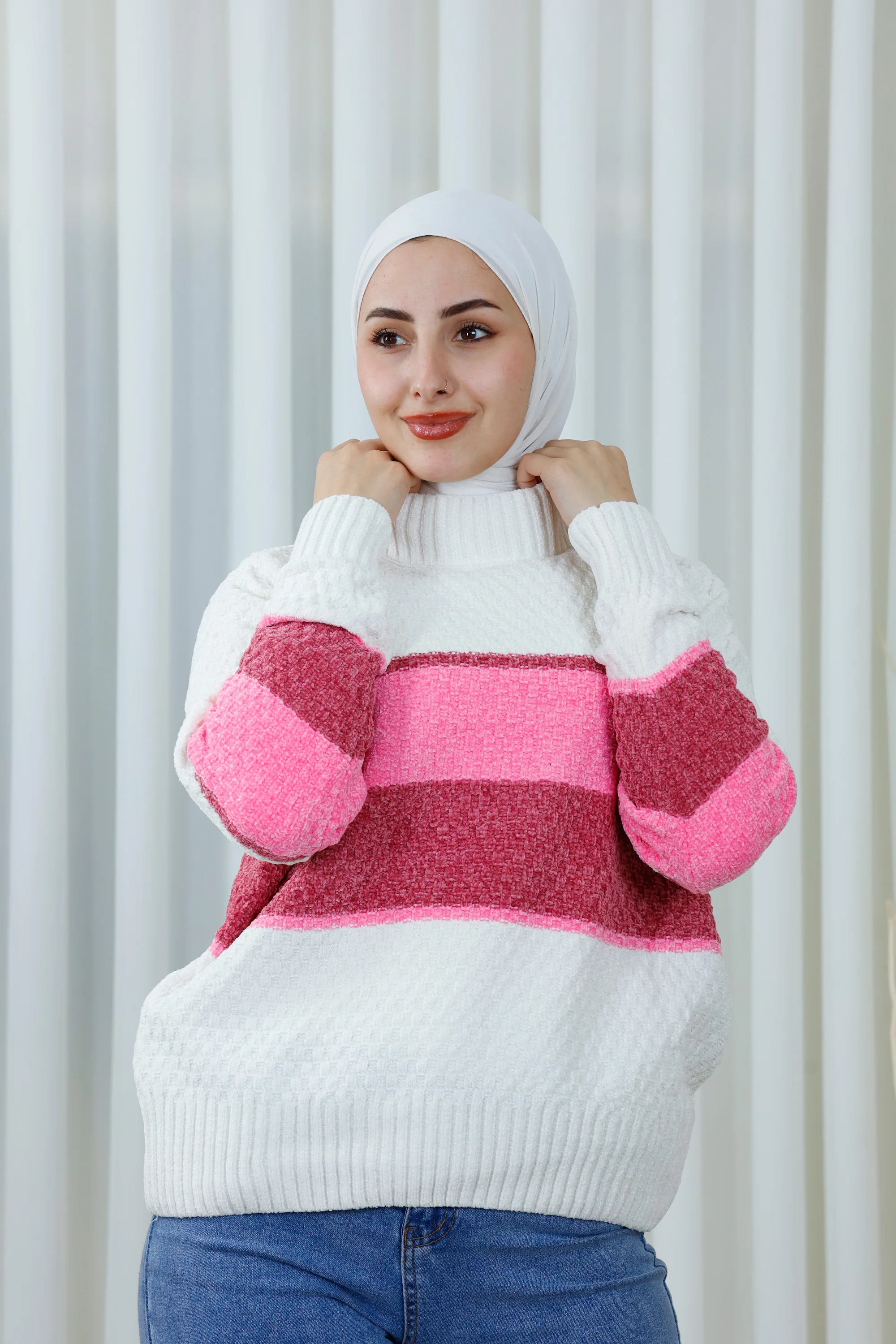 Striped High-Neck Sweater in Soft Tones