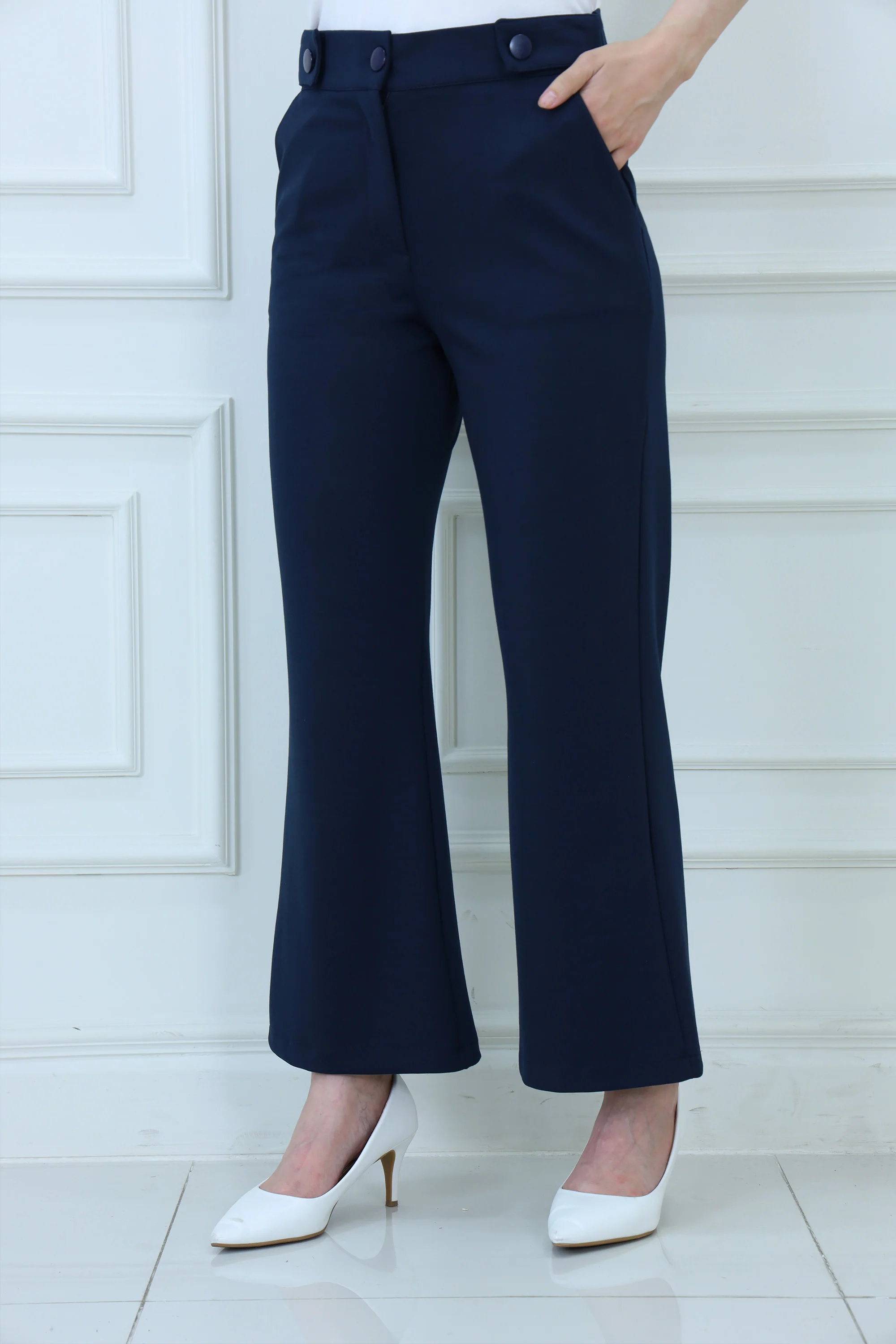 Tailored High-Waist Button-Detail Pants