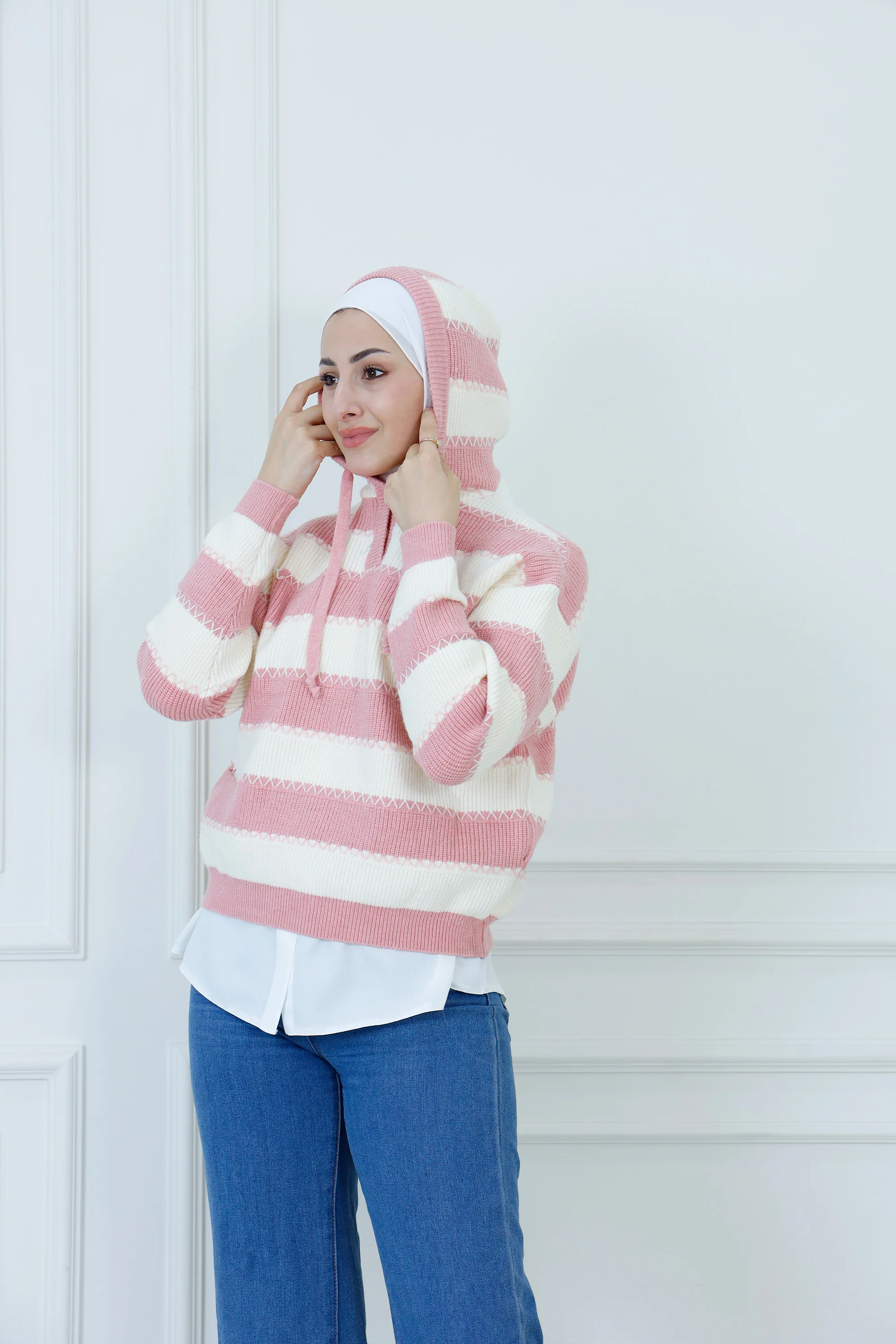 Stripe Knit Drawstring Hoodie Sweater