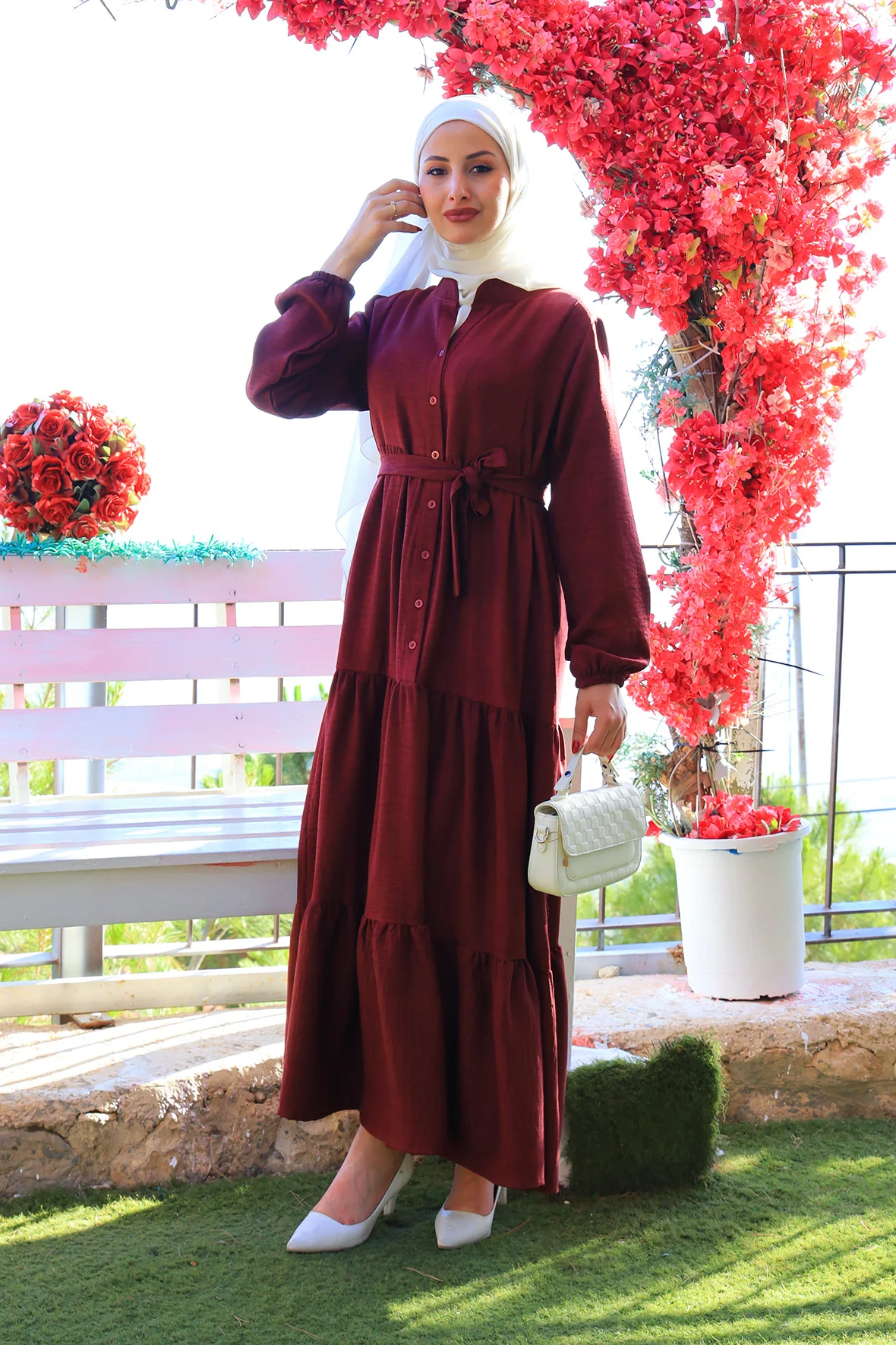 Elegant Belted Maxi Dress with Partial Button Front