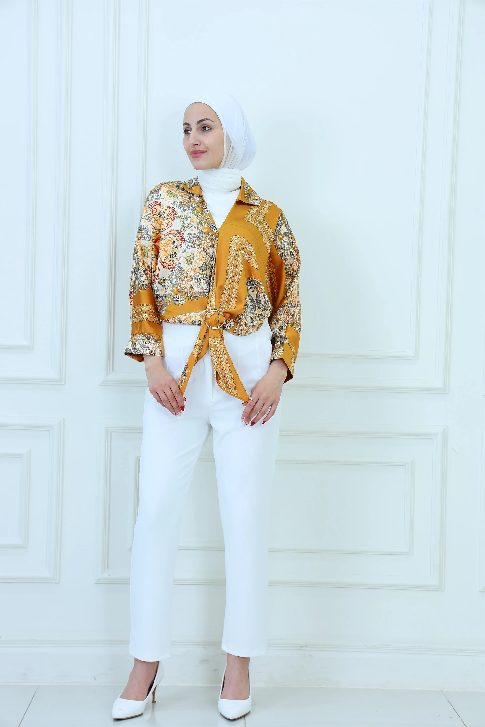 Patterned Tie-Front Blouse