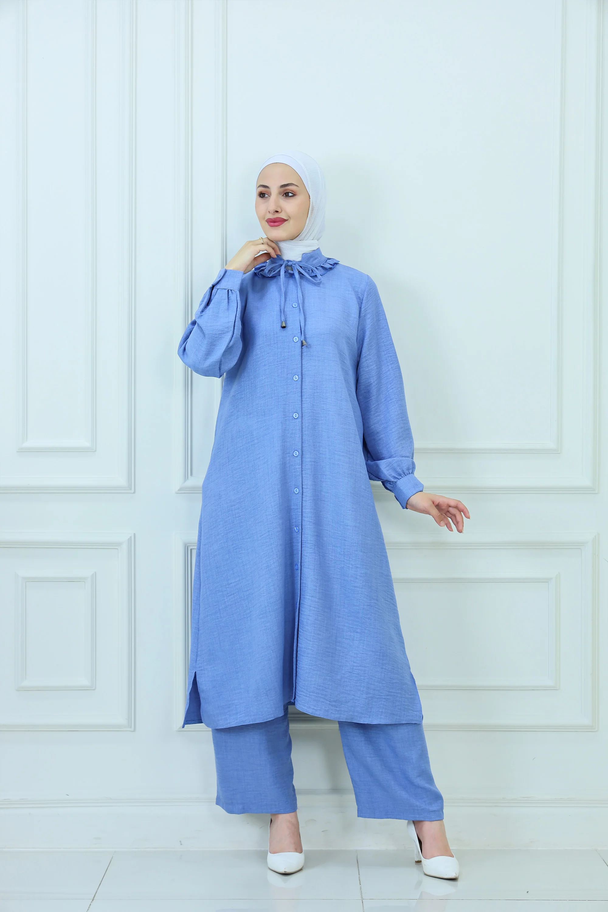 Ruffled-Collar Buttoned Modest Set