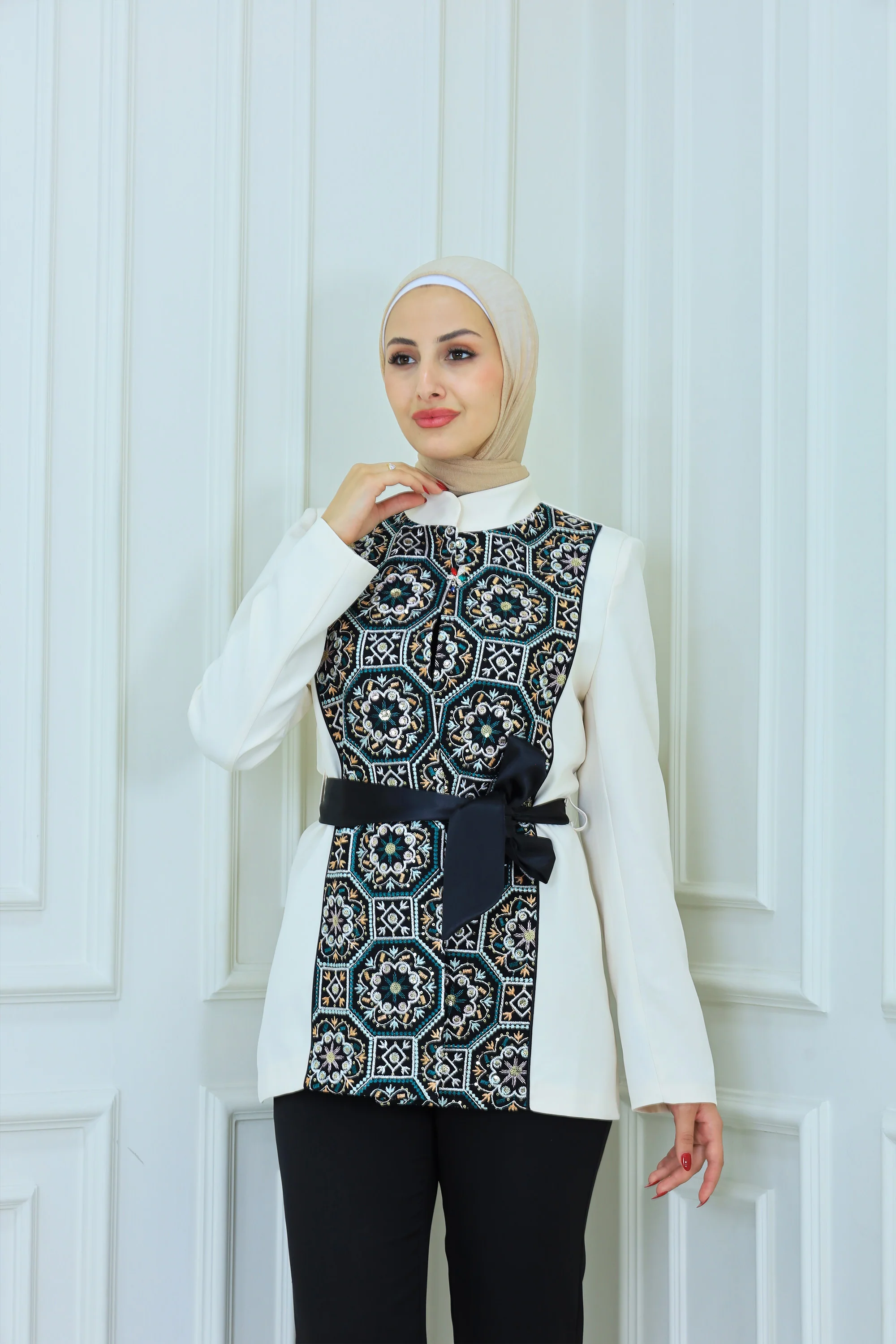 Elegant Full Embroidered Front Blazer with Belted Waist