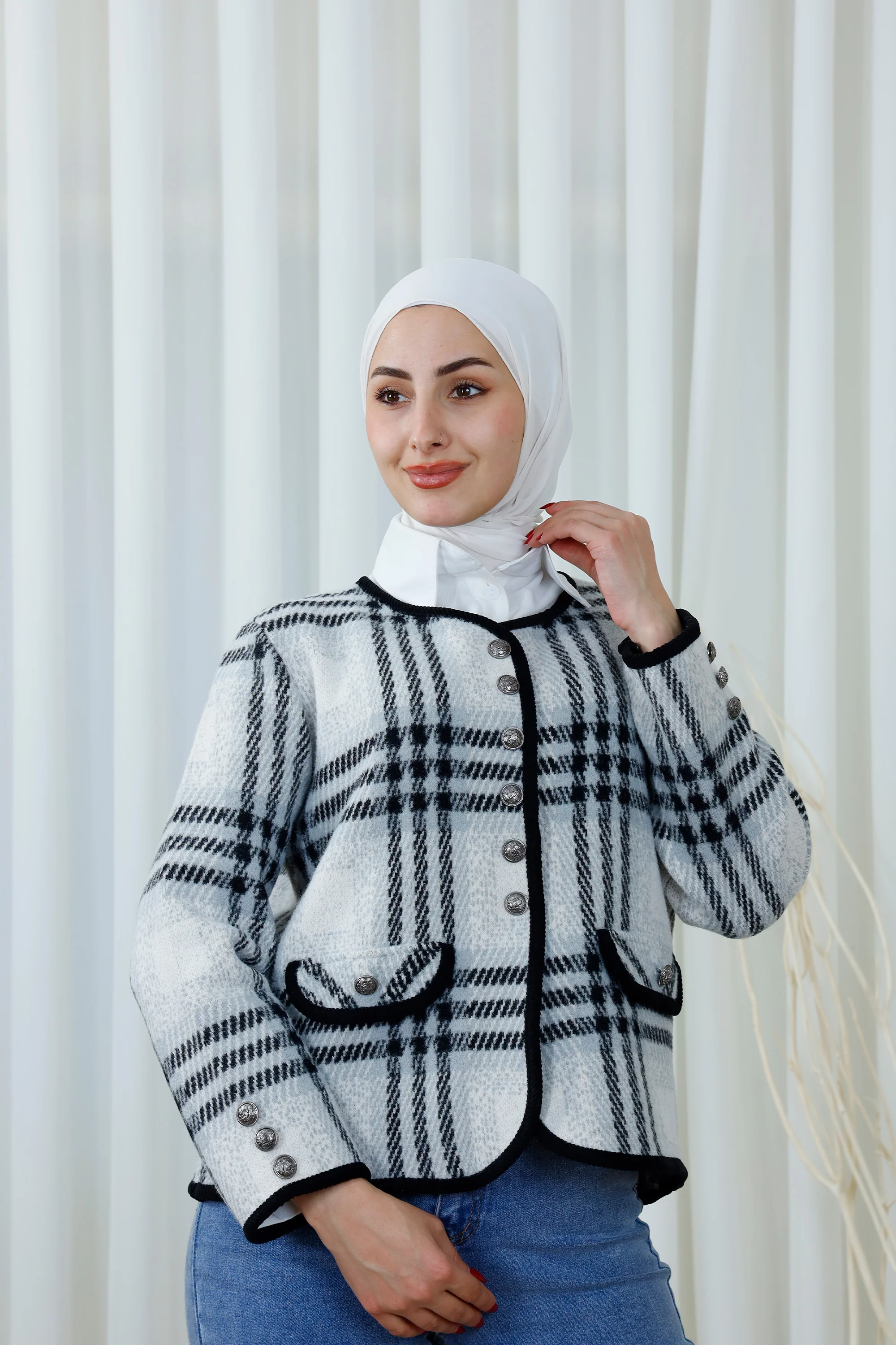 Plaid Button-Up Cardigan with Trim Detail