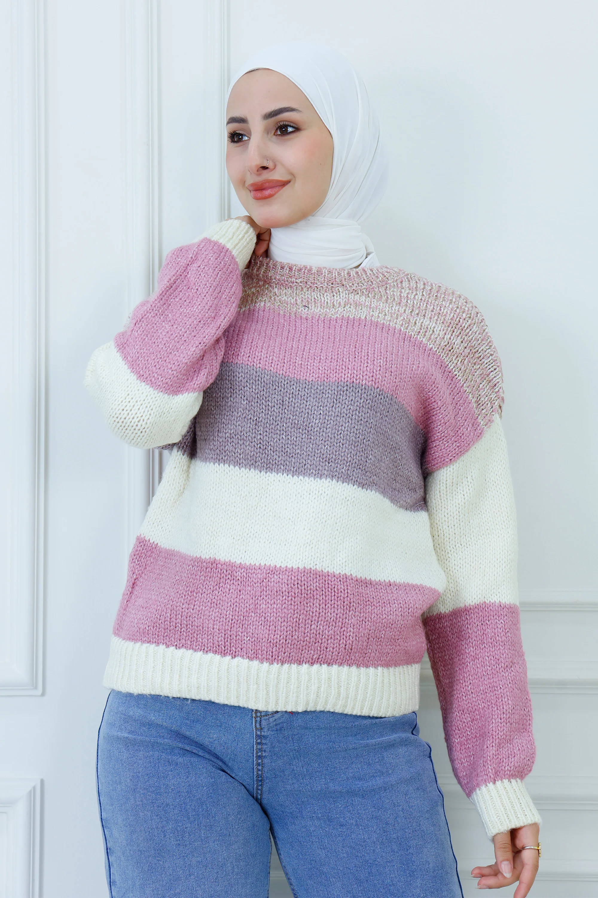 Chunky Stripe Knit Cropped Pullover Sweater