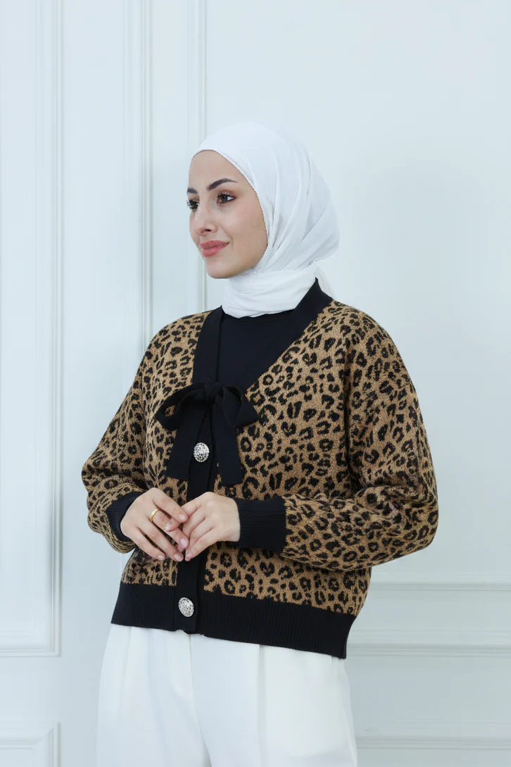 Leopard Print Cardigan with Pearl Buttons & Tie-Neck Detail
