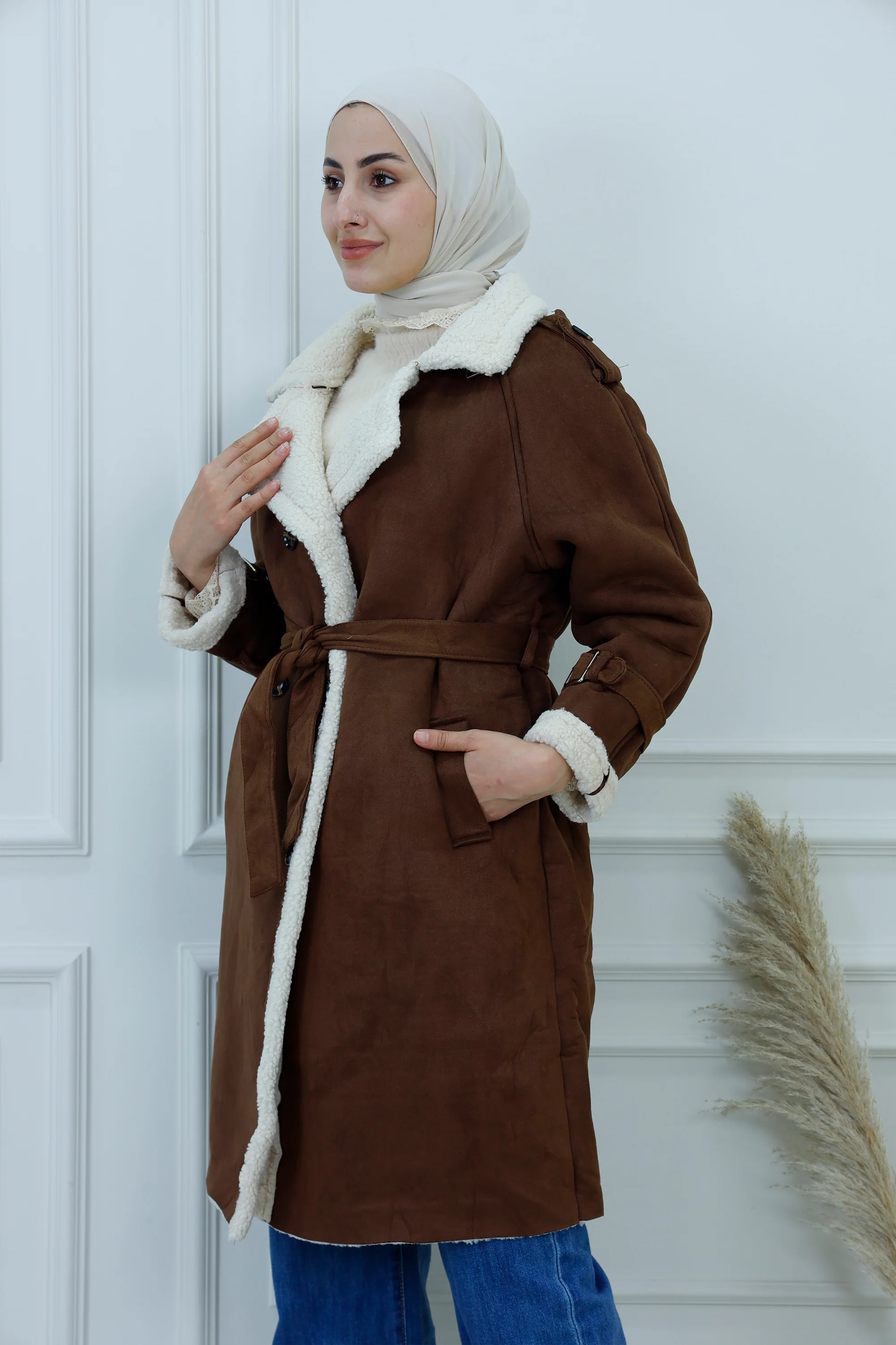 Women's Shearling-Lined Coat with Belt