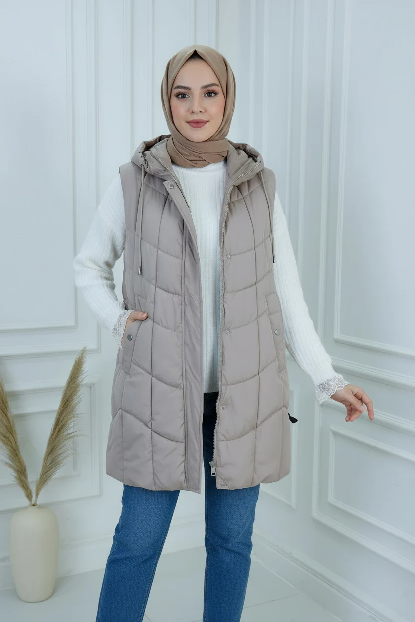 Plus-Size Long Quilted Hooded Vest for Women