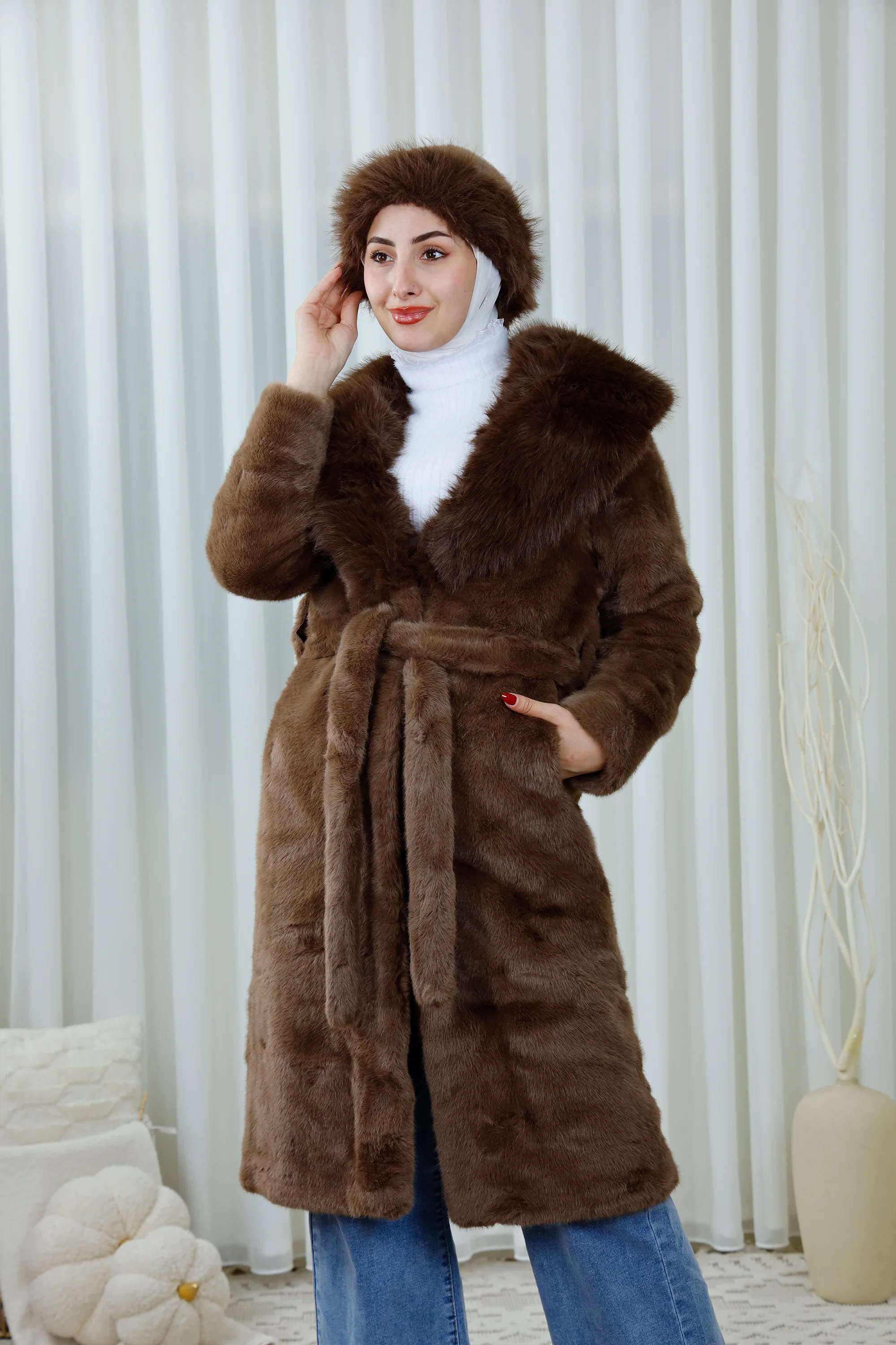 Faux Fur Coat with Belted Waist