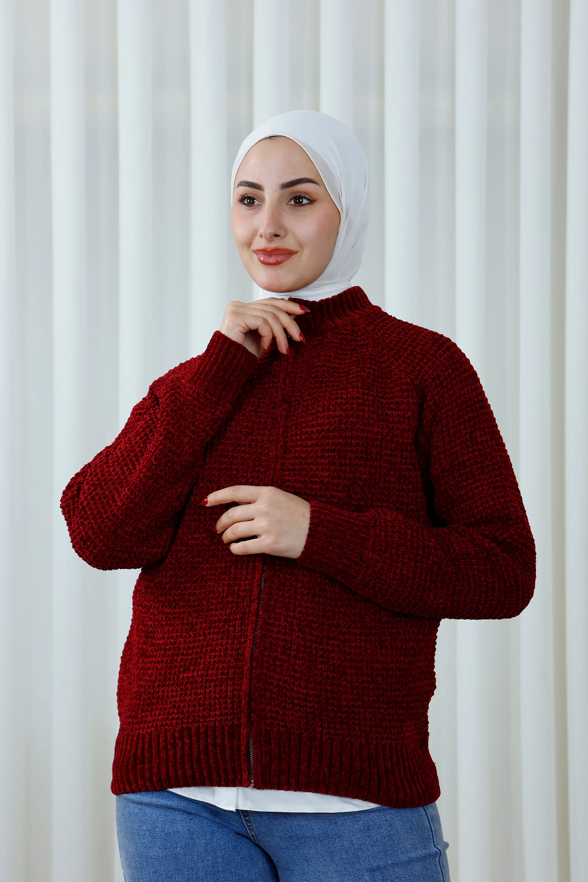 Waffle-Knit Zip-Up Sweater with High Collar