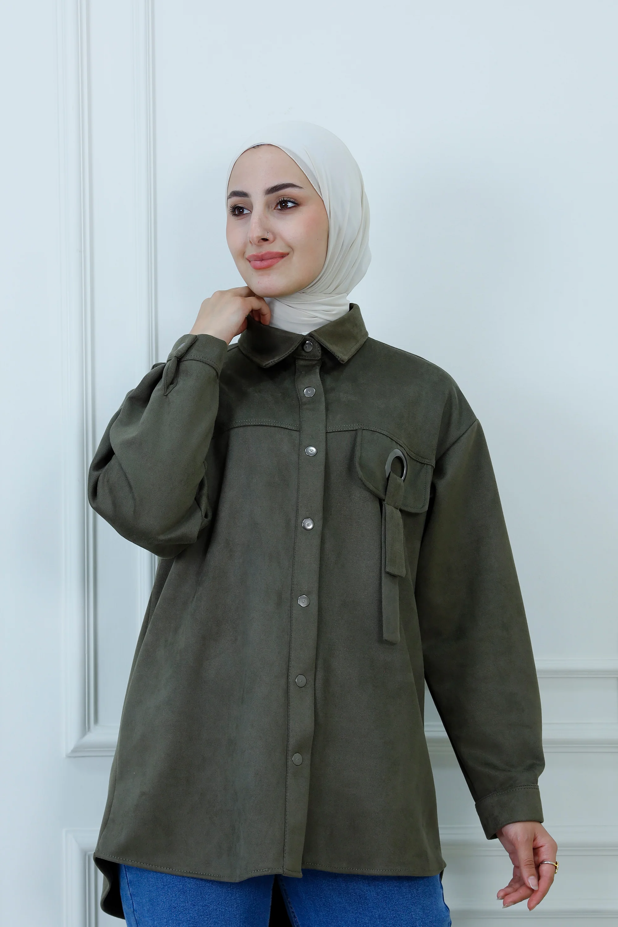 Snap-Button Longline Shirt with Ring Detail