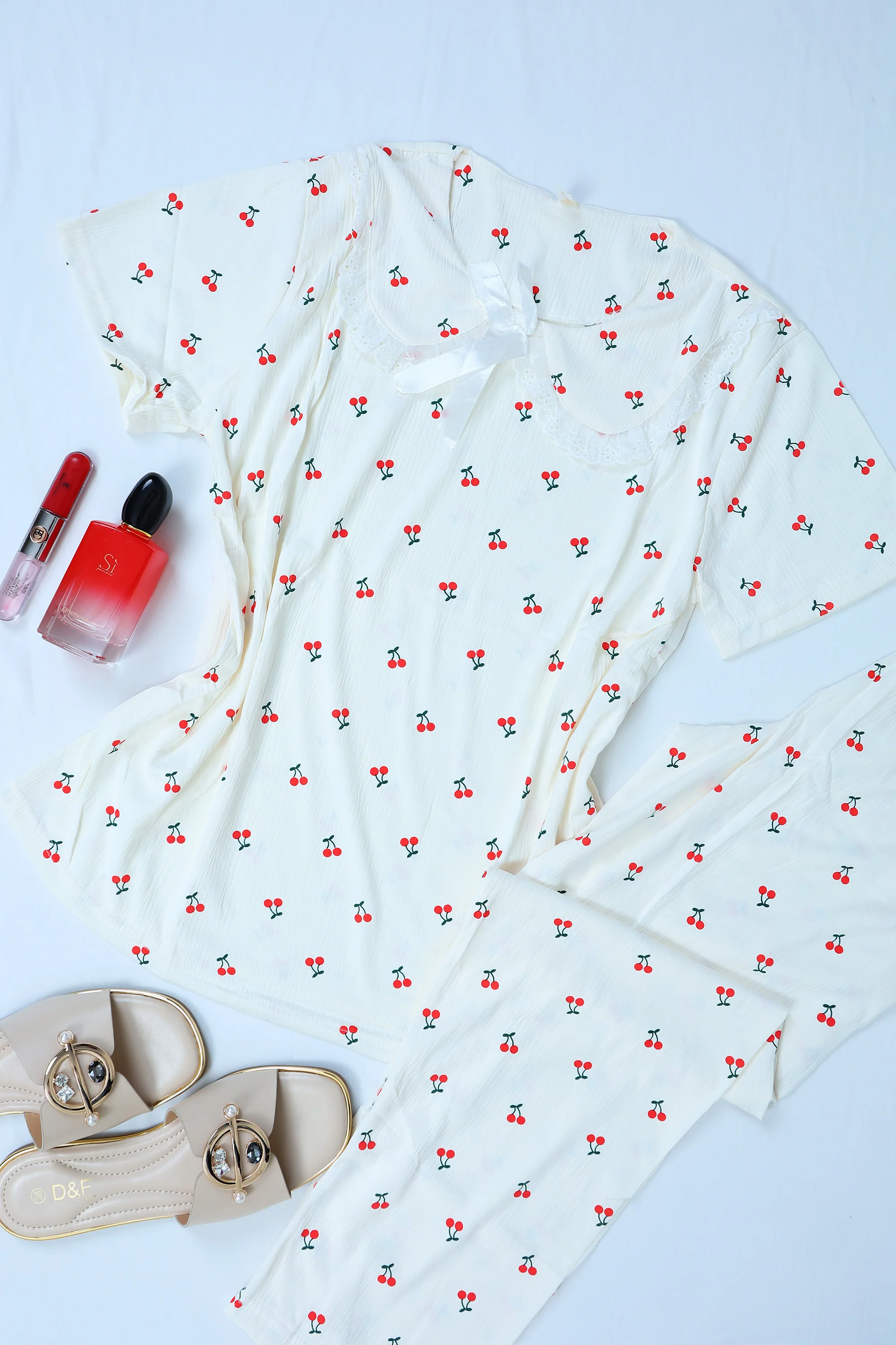 Printed Cherries Pajama Set with Lace Details