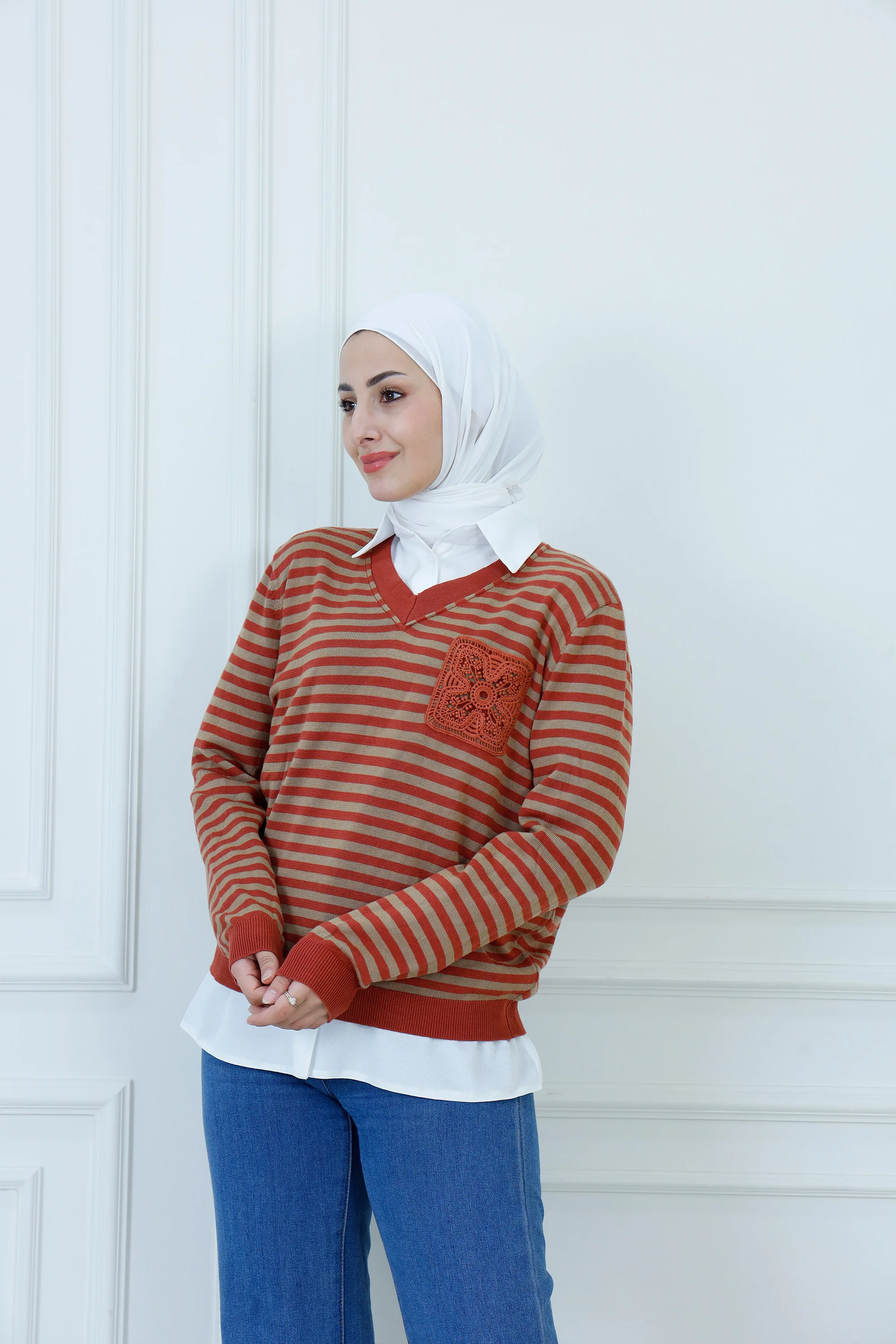 Striped V-Neck Knit Sweater with Unique Crochet Detail