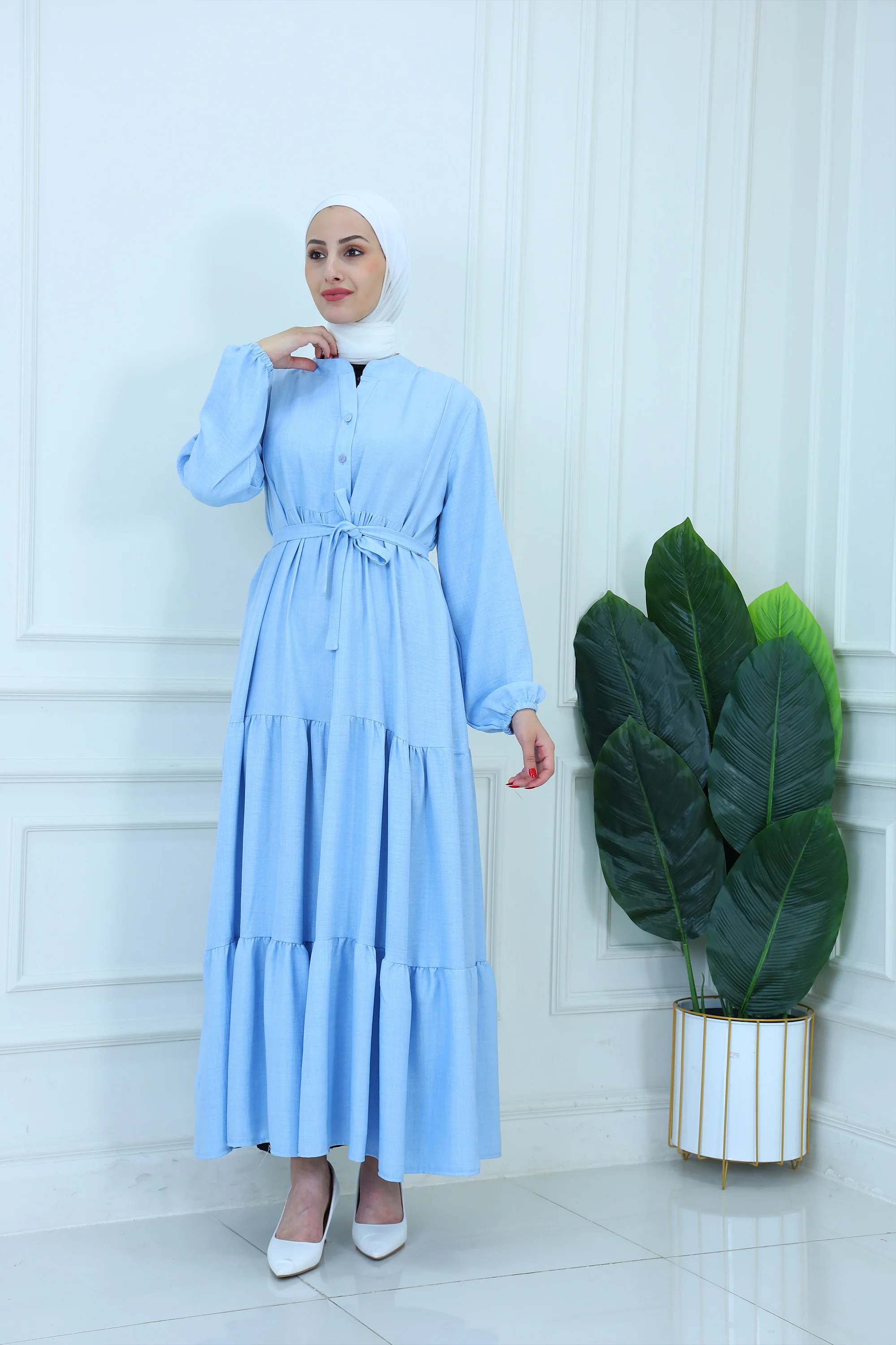 Elegant Layered Belted Maxi Dress with Partial Button Front