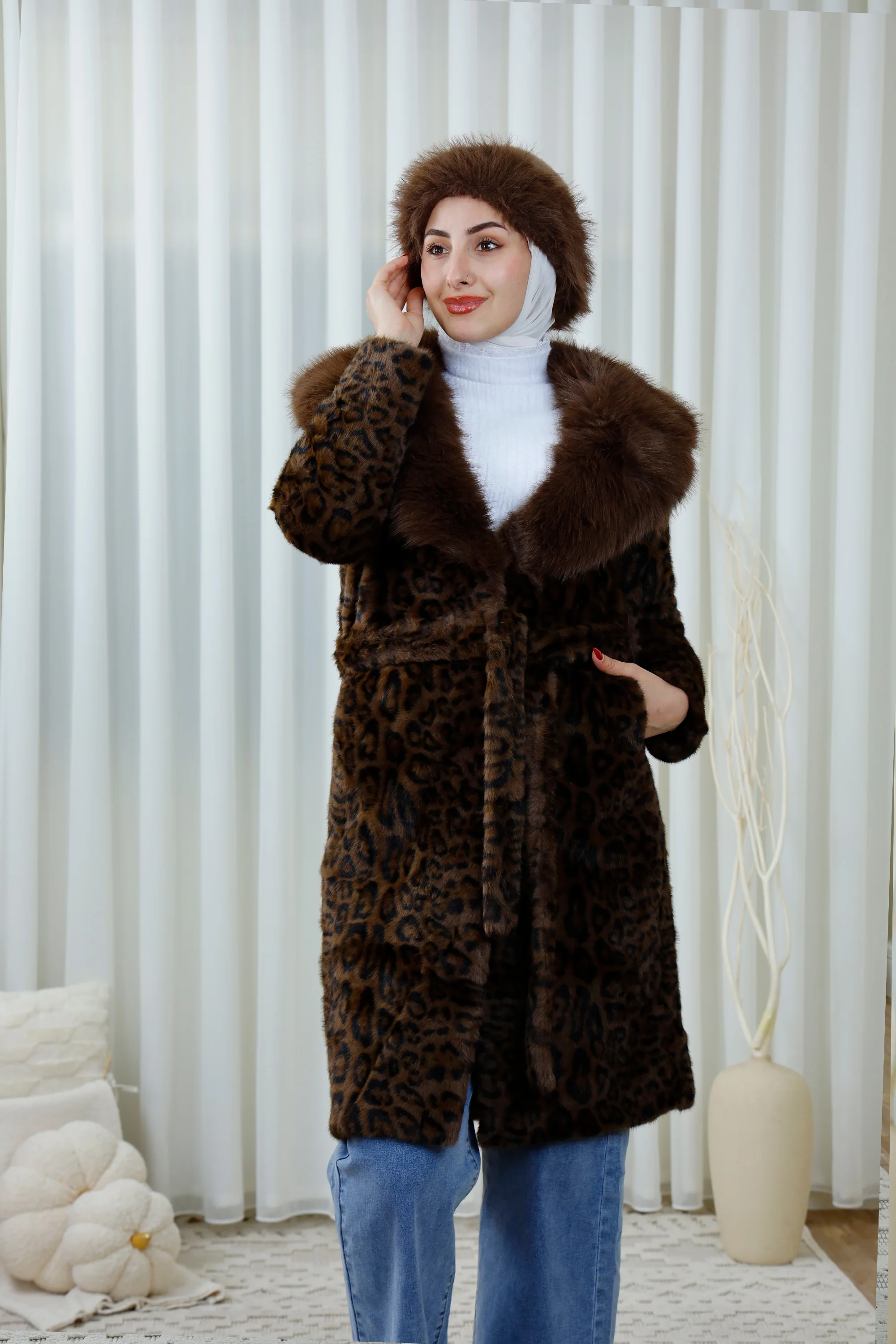 Leopard Print Faux Fur Coat with Belt