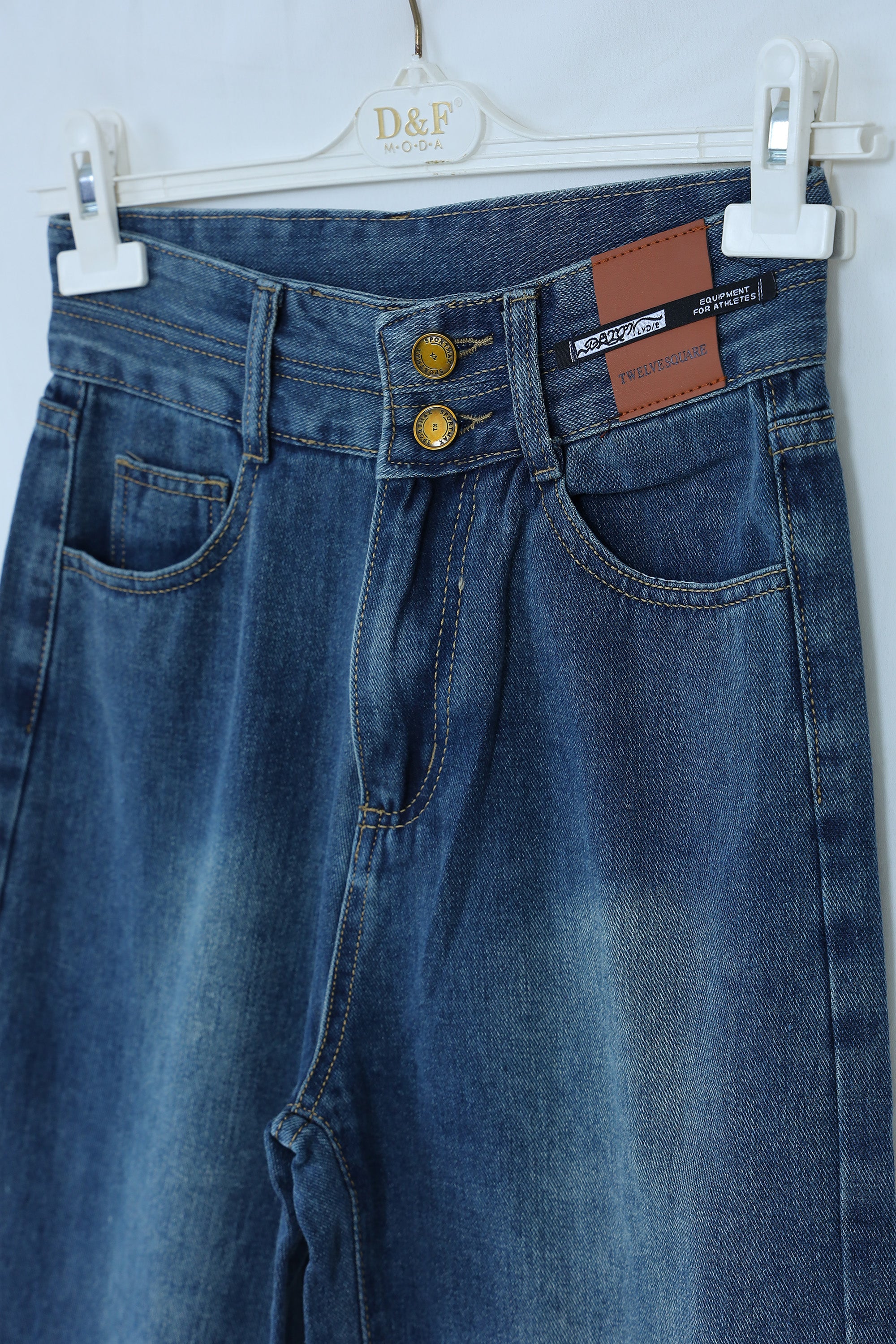 High-Waist Straight Leg Denim Jeans with Two Buttons