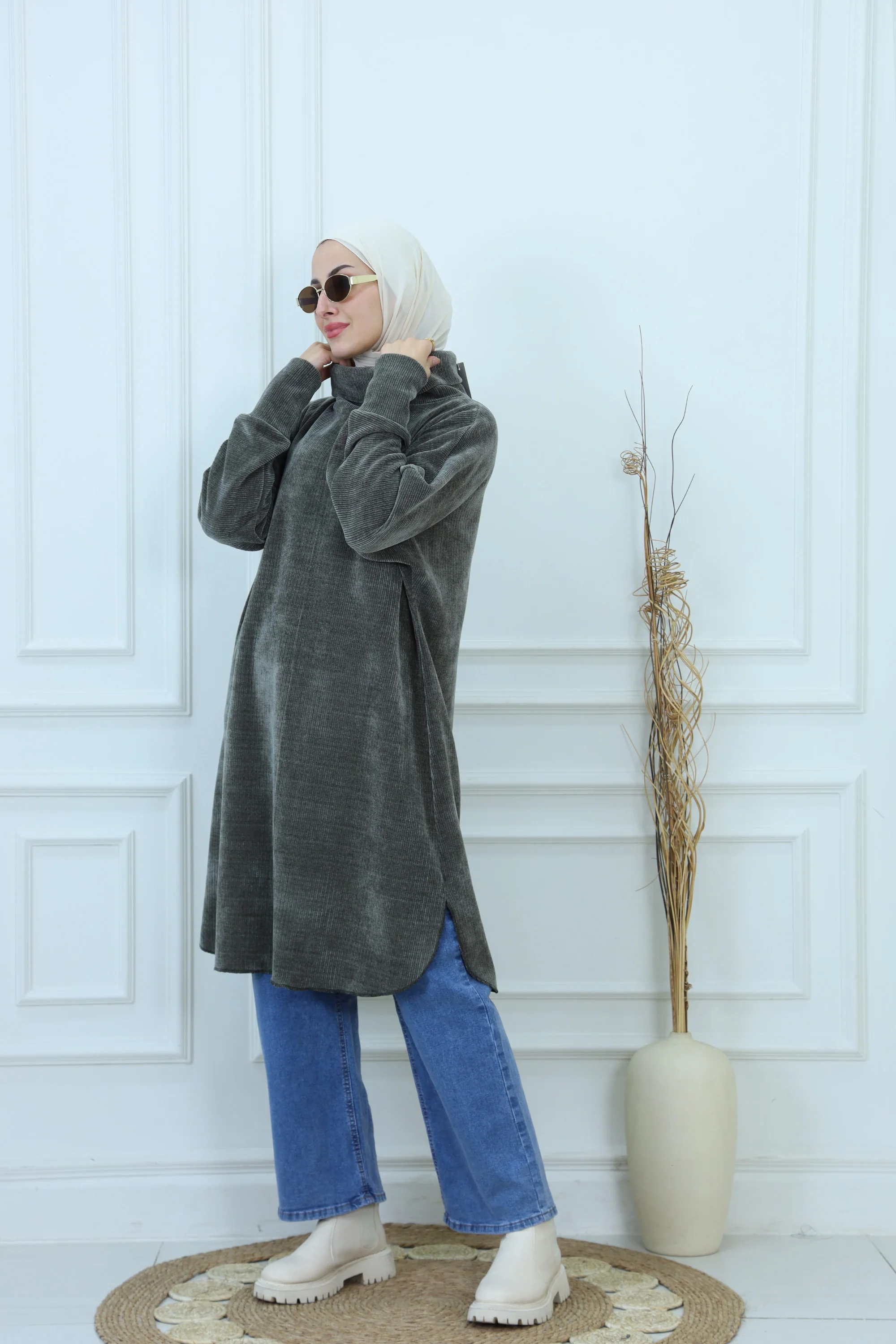 Modest High-Neck Long Blouse with Belt