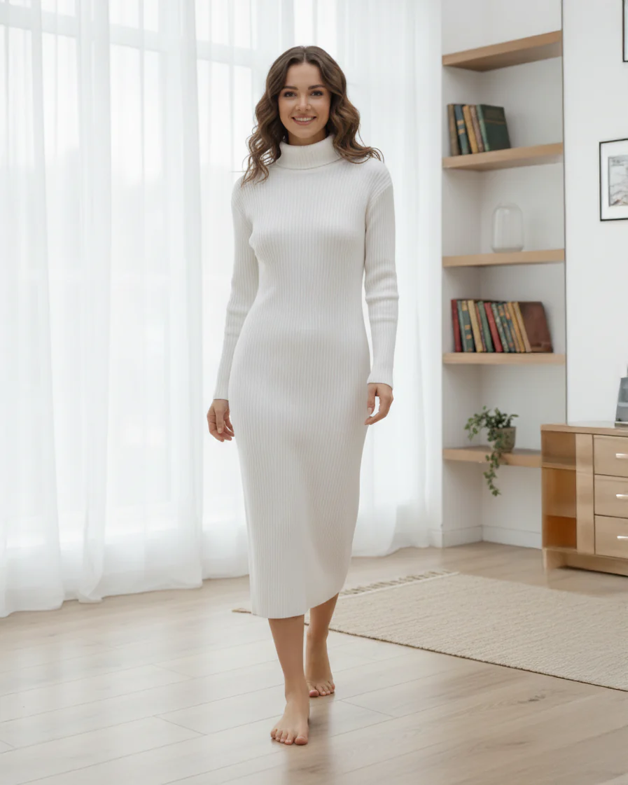 Ribbed Knit High-Neck Midi Dress