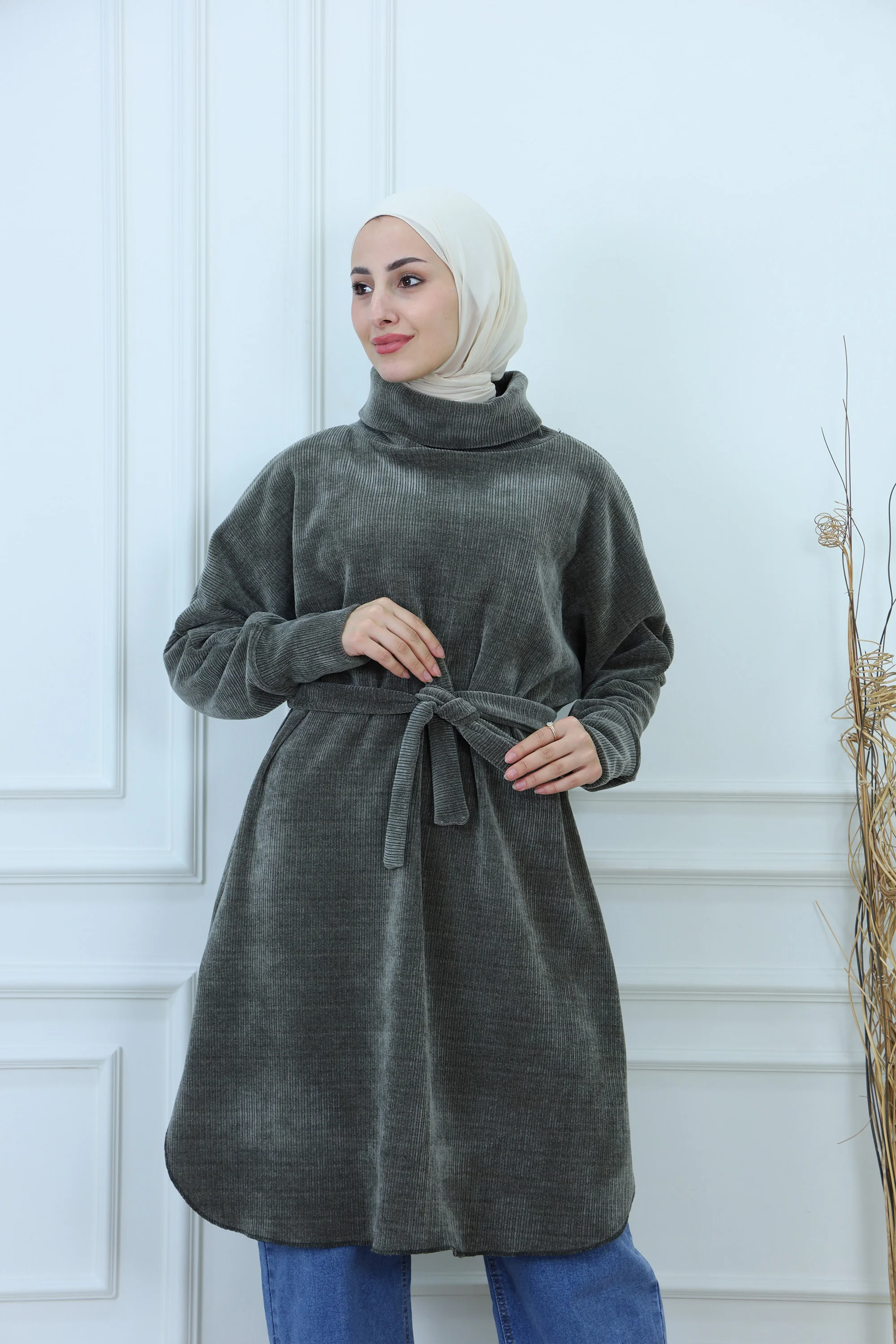 Modest High-Neck Long Blouse with Belt