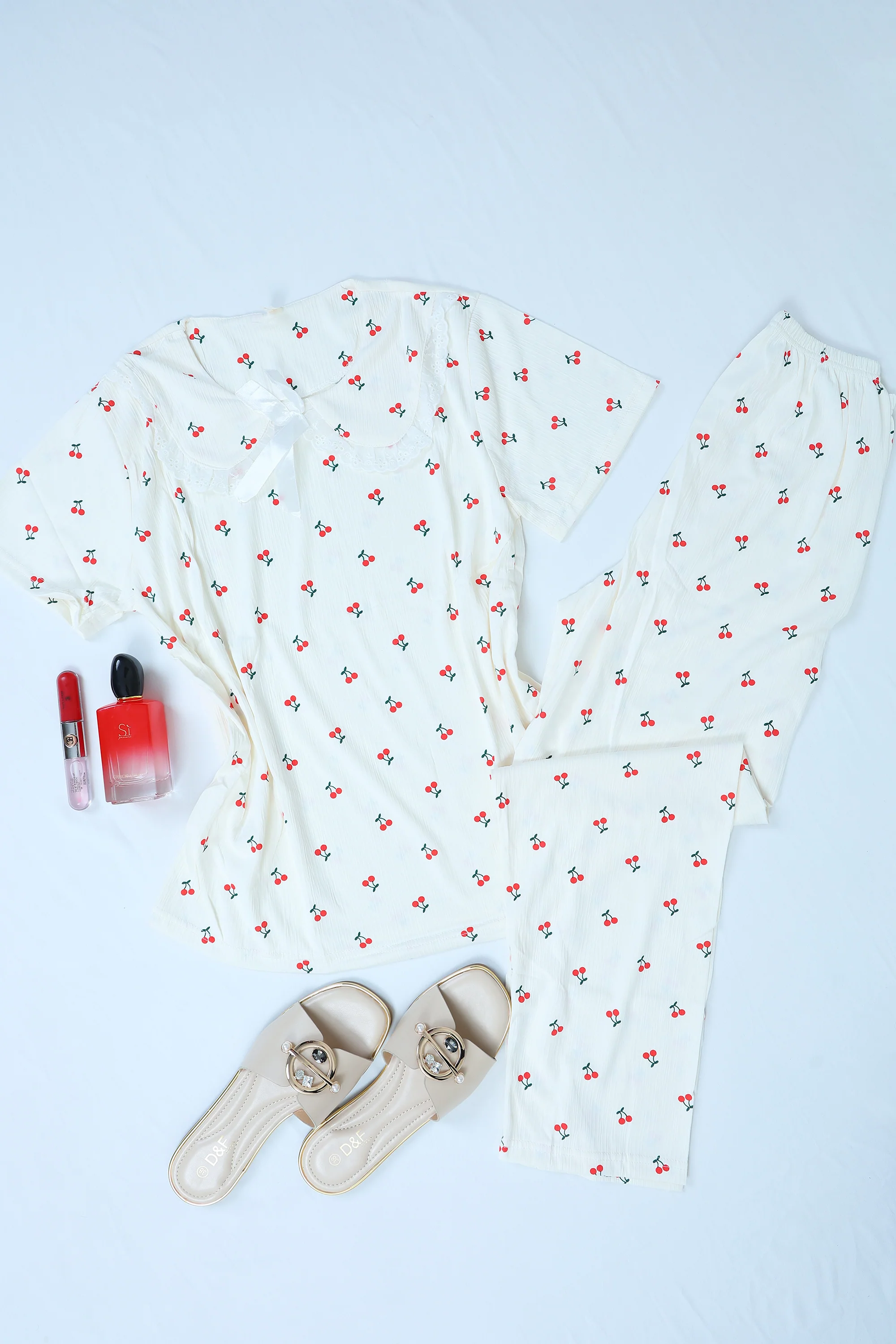 Printed Cherries Pajama Set with Lace Details