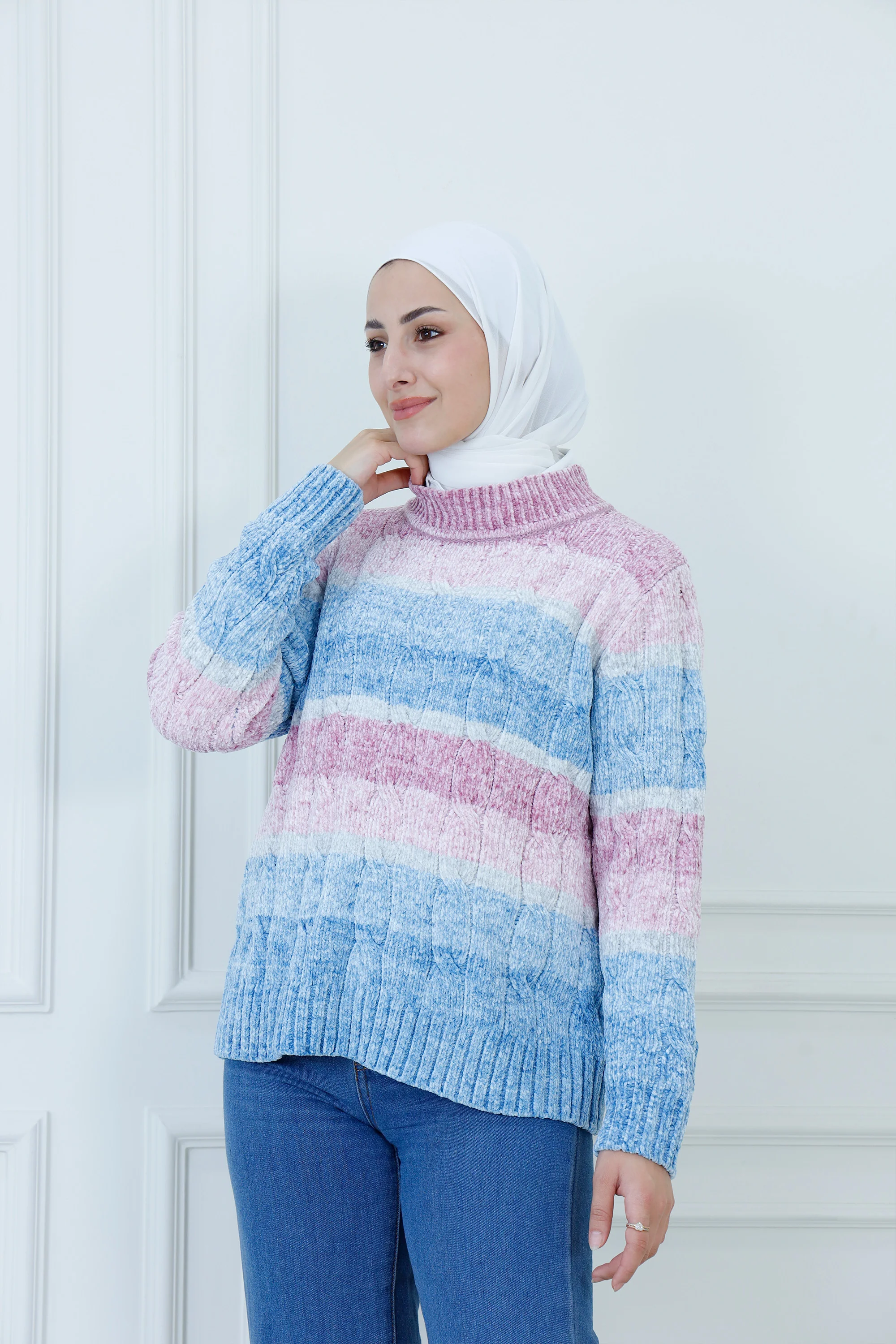 Chunky Stripe Knit High-Neck Sweater