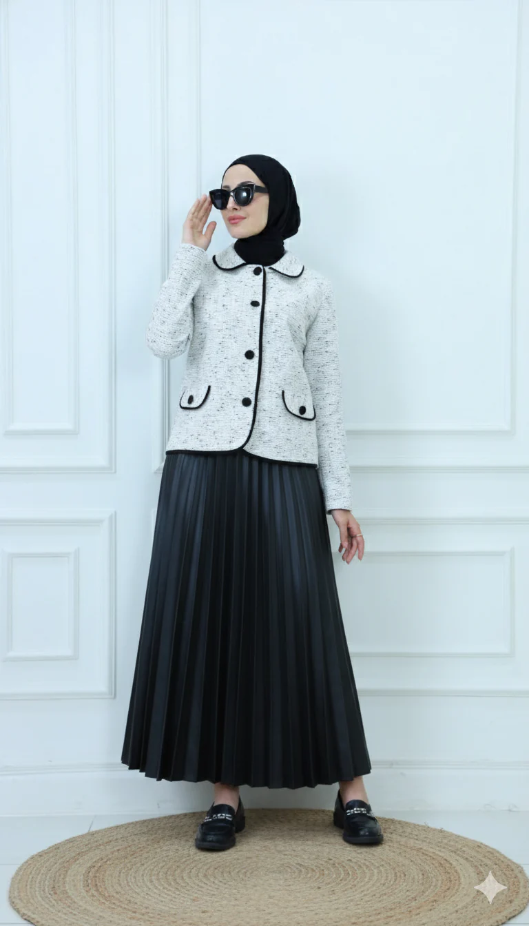 Elegant Broadcloth Cropped Jacket and Skirt with Contrast Black Trim