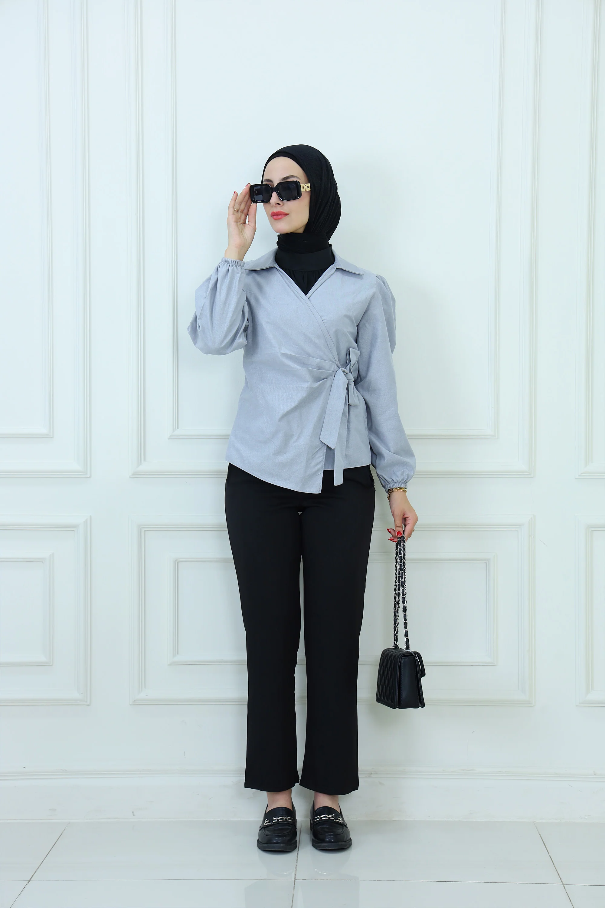 Pleated Side-Tie Blouse with Puff Sleeves