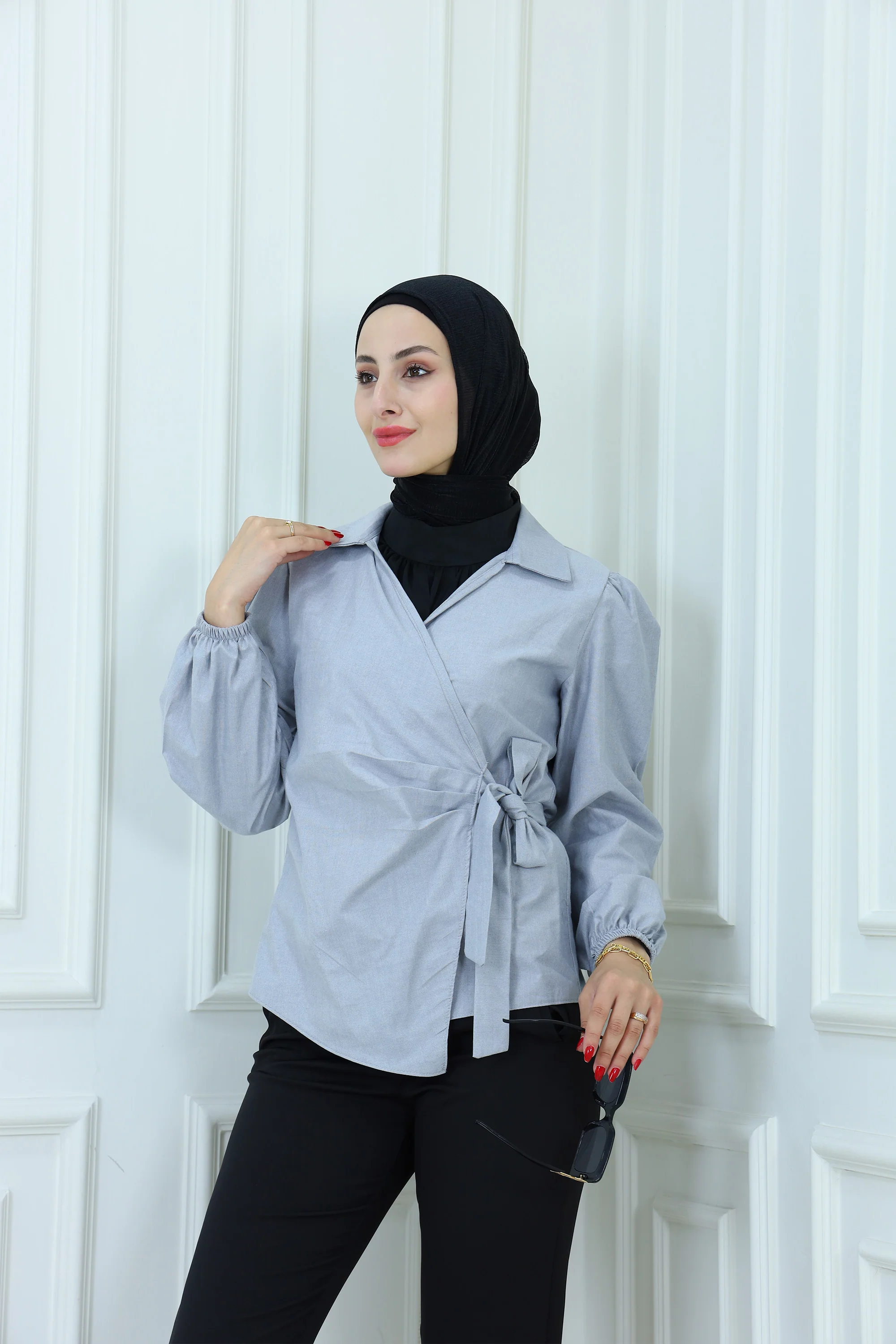 Pleated Side-Tie Blouse with Puff Sleeves